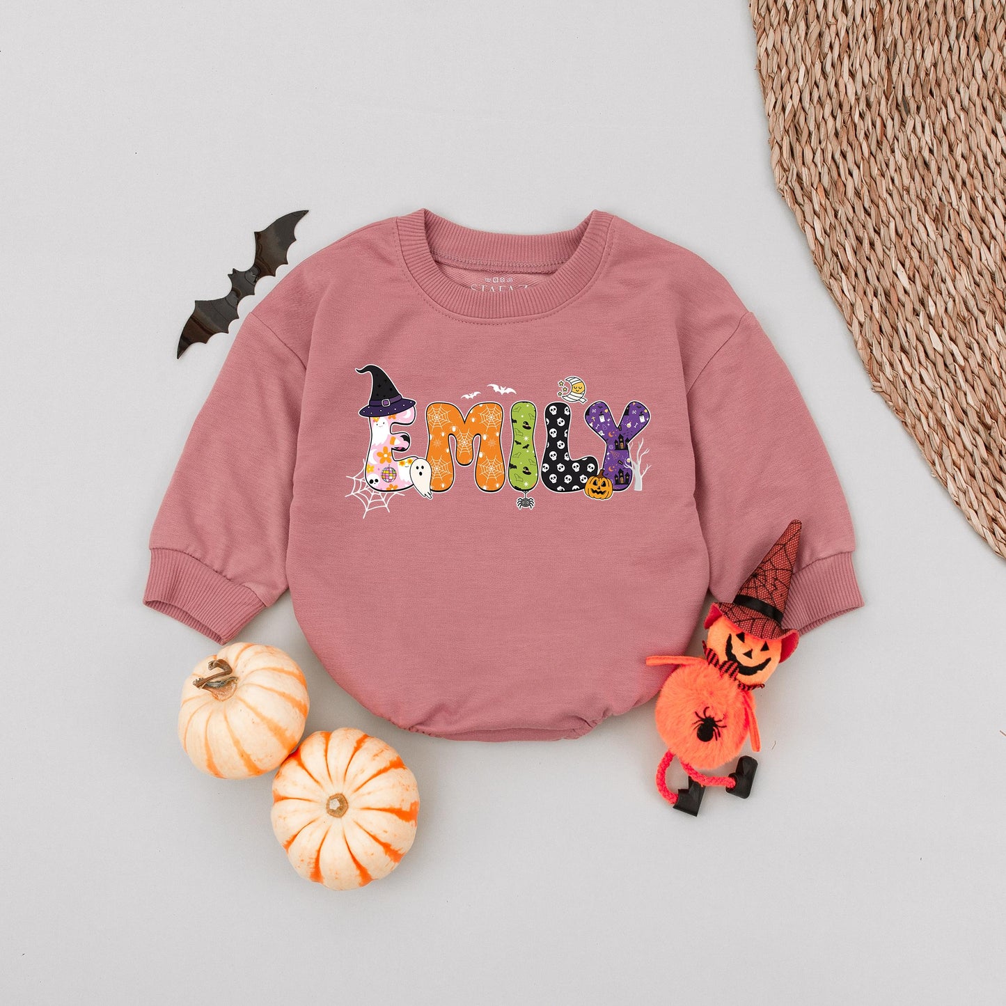 Personalized Emily Halloween Baby Romper, Custom Name Fall Outfit, Cute Pumpkin Ghost Infant Bodysuit, First Halloween Gift