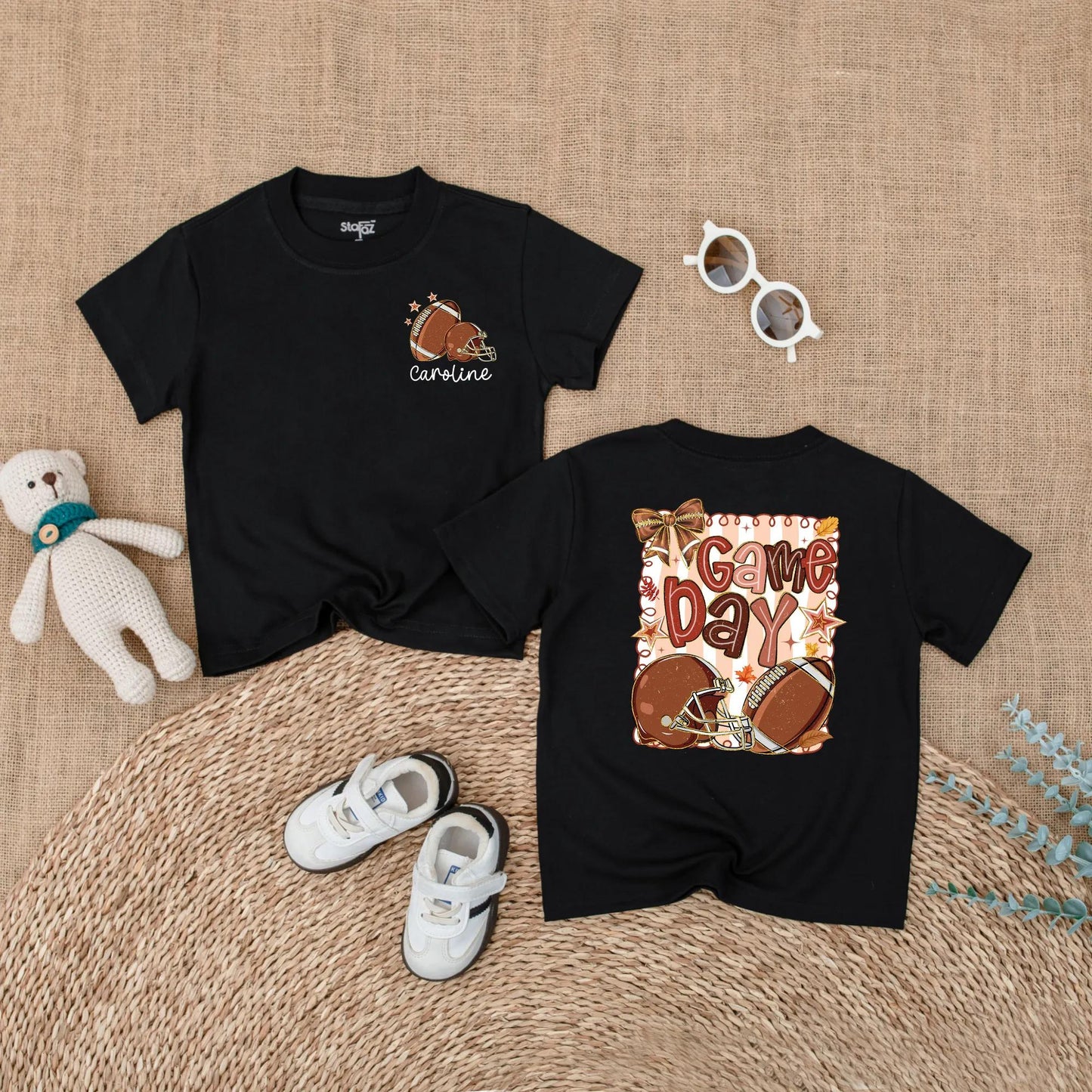 Caroline Personalized Football Game Day Baby Romper Girl Outfit Cute Autumnal Leaves Sports Toddler Shirt Baby Shower Gift