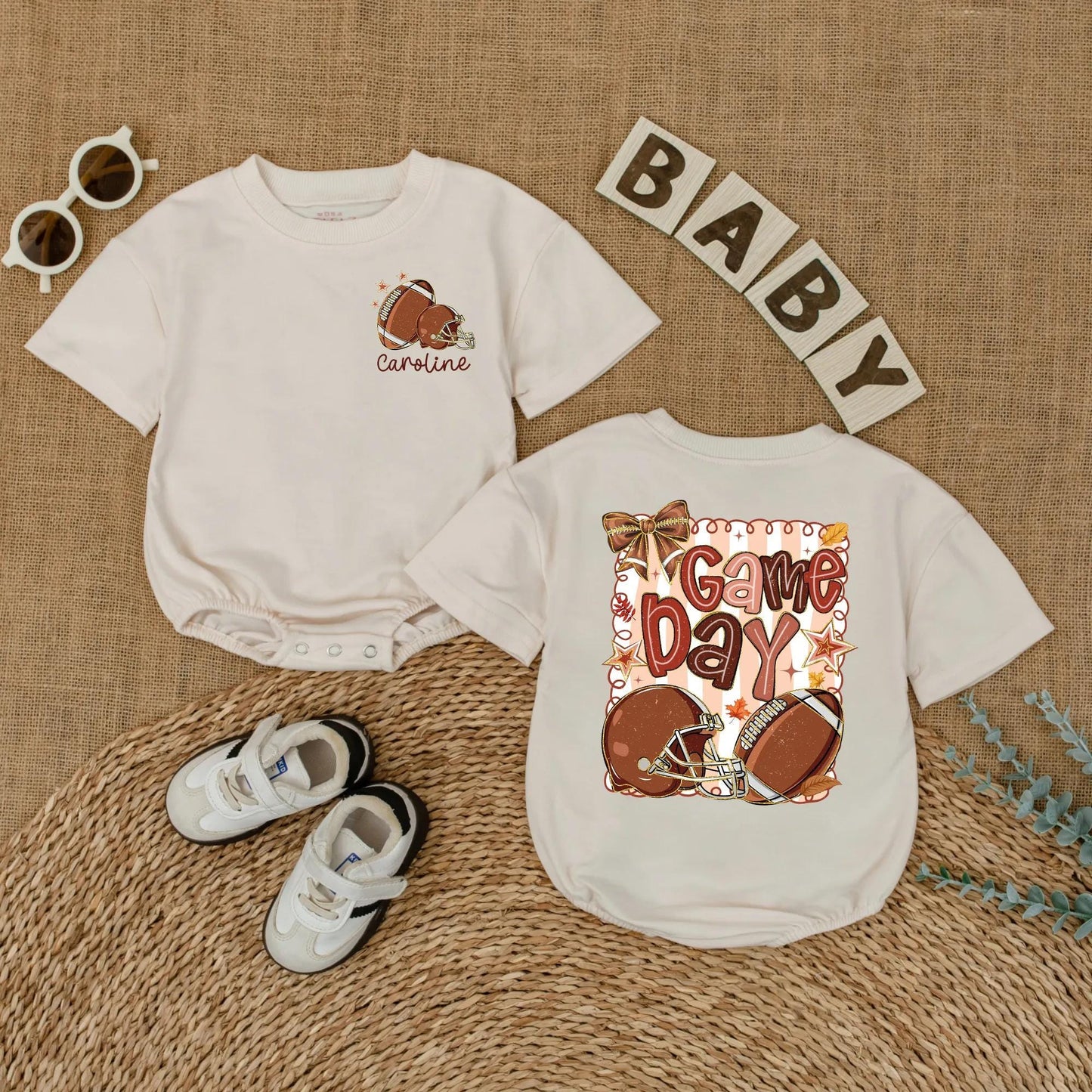 Caroline Personalized Football Game Day Baby Romper Girl Outfit Cute Autumnal Leaves Sports Toddler Shirt Baby Shower Gift