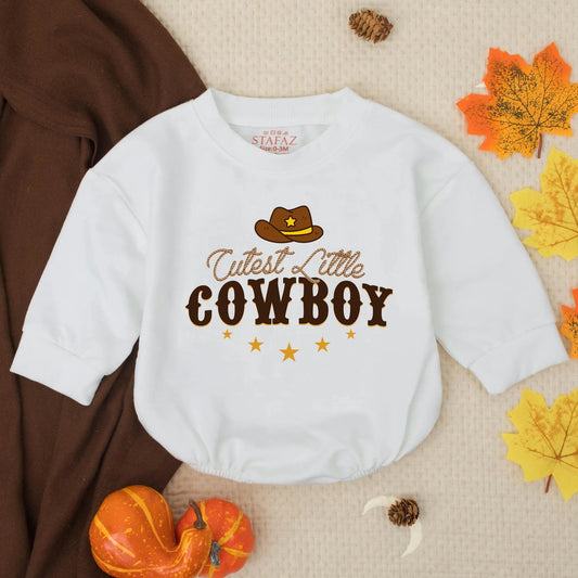 Cutest Little Cowboy Romper Vintage Western Baby Bodysuit Country Sweatshirt Gender Neutral Newborn Clothes Shower Gift with Star Hat Design