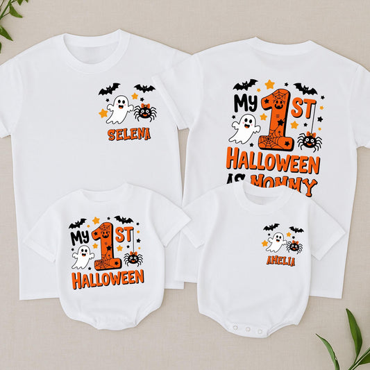 My 1st Halloween Matching Family Romper & Shirts: Cute Ghost, Bats & Spider Bows Outfit, Personalized Baby Gift Tee, Spooky Season Set for Mommy, Daddy & Me