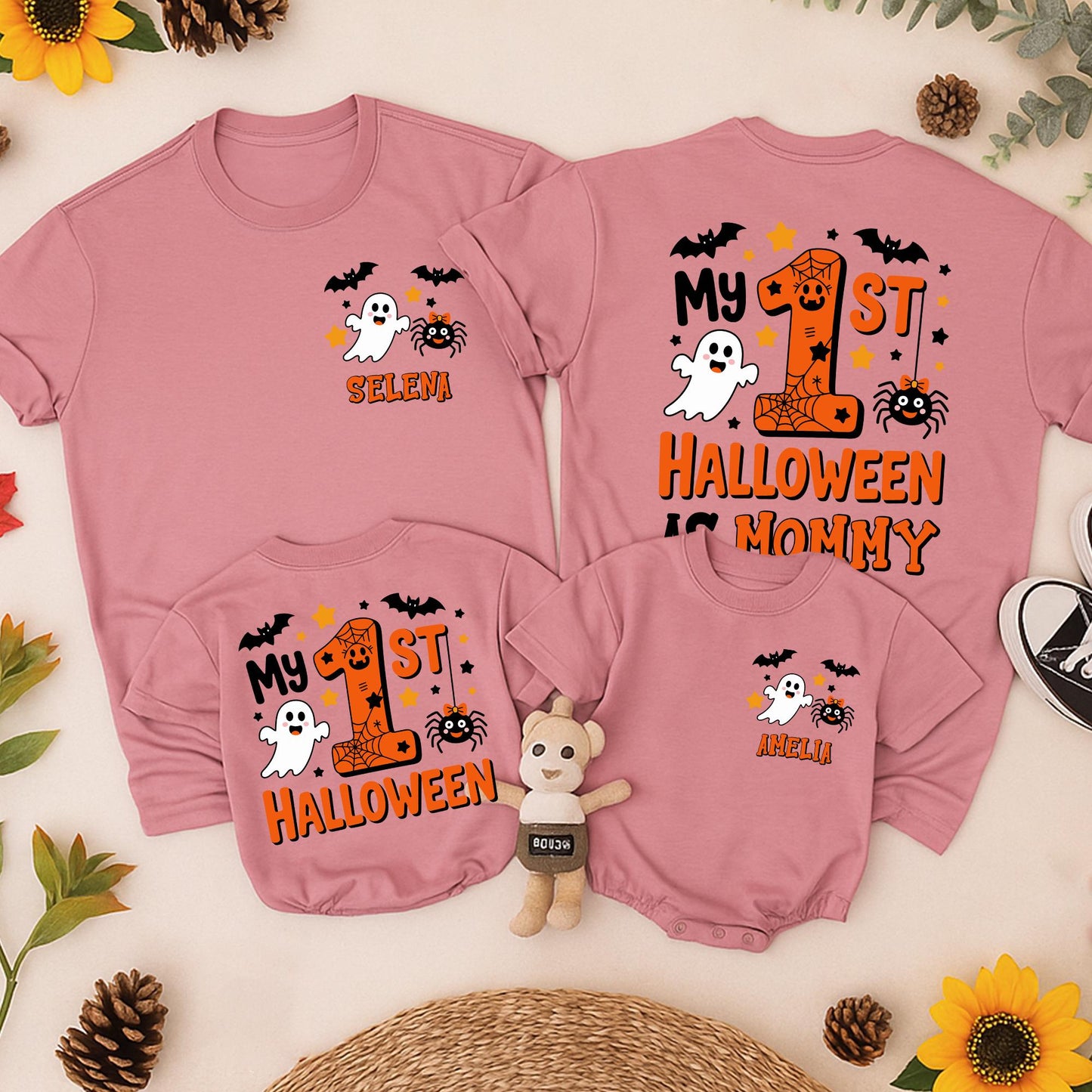 My 1st Halloween Matching Family Romper & Shirts: Cute Ghost, Bats & Spider Bows Outfit, Personalized Baby Gift Tee, Spooky Season Set for Mommy, Daddy & Me