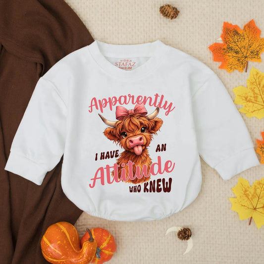 Cute Highland Cow Calf Romper "Apparently I Have An Attitude" Funny Baby Girl Clothes Outfit Western Newborn