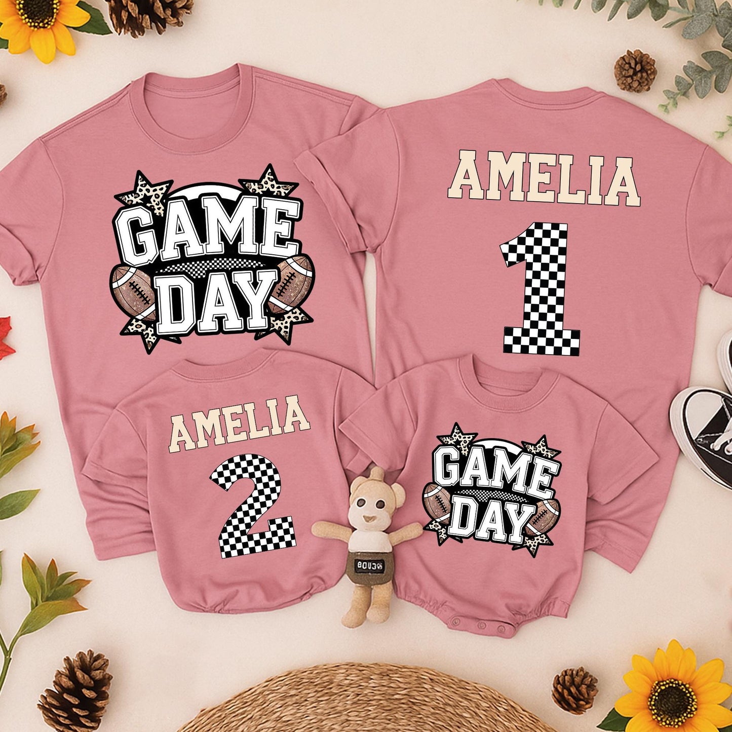 Game Day Football Shirt for Baby Girl Amelia Custom Checkered Number Toddler Tee Football Season Gift