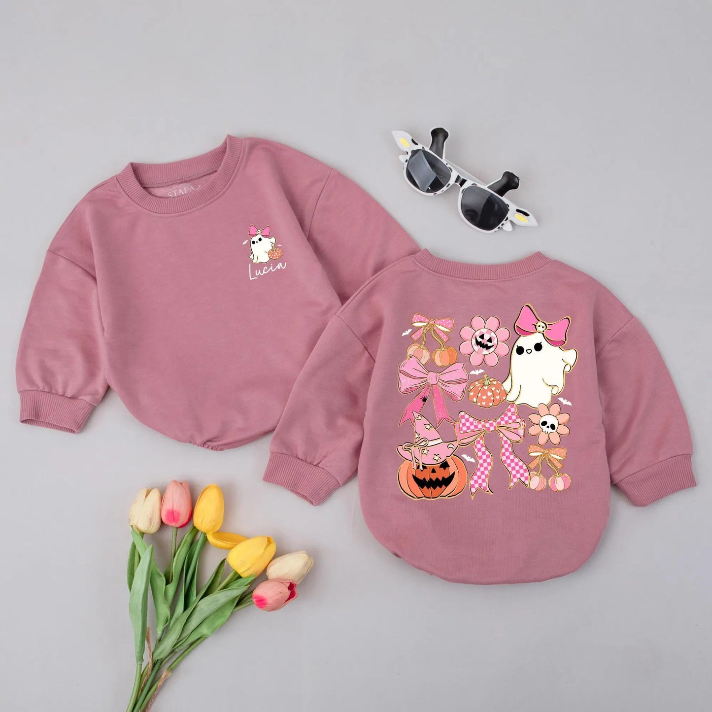 Personalized Lucia's First Halloween Romper, Pastel Ghost & Pumpkin Baby Outfit, Spooky Cute Fall Clothes, Custom Autumn Gift, Girl Costume 134 chars