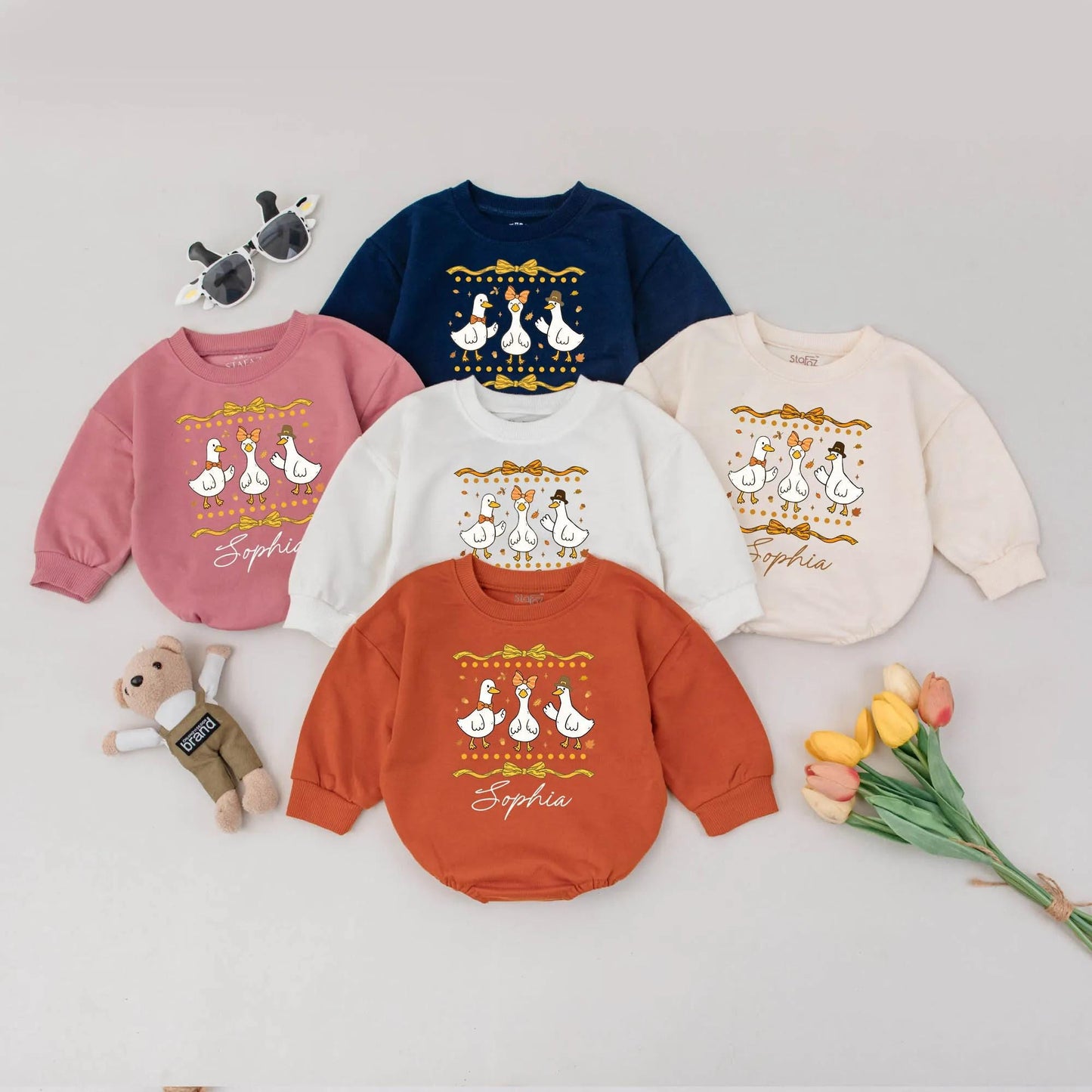 Sophia Goose Baby Romper: Festive Fall Outfit with Bow & Pilgrim Hat Geese. Personalized First Thanksgiving Baby Girl Bodysuit