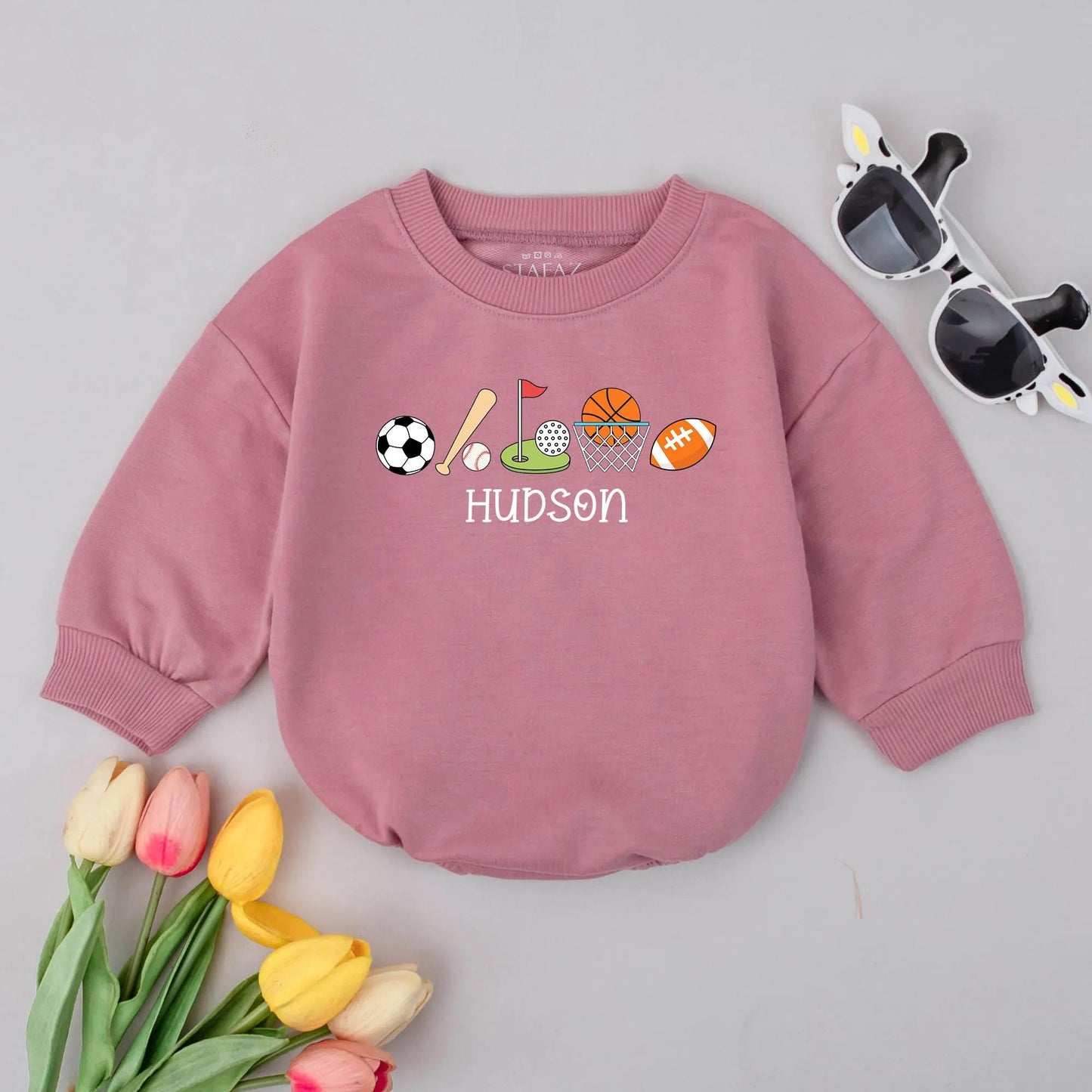Hudson Sports Boy Bubble Romper Personalized Baby Gift, Game Day Newborn Outfit, Soccer, Baseball, Football, Basketball, Golf Romper