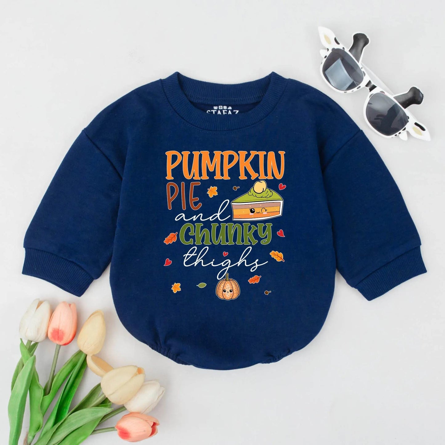 Pumpkin Pie & Chunky Thighs Baby Romper, Funny Thanksgiving Outfit, Cute Fall Infant Bodysuit, Girl Clothes Gift, Smiling Pumpkin Pie Thanksgiving 139