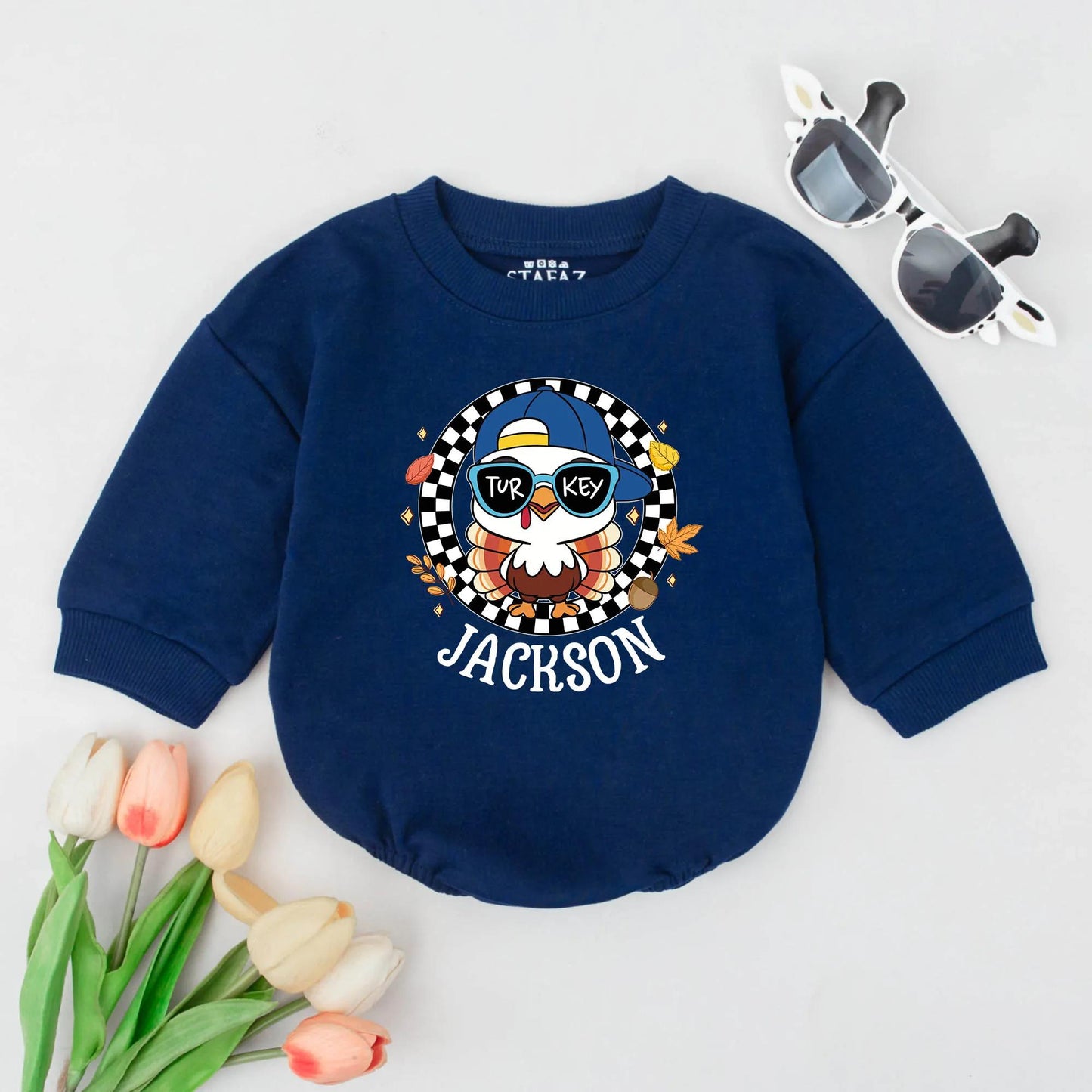 Amelia's First Thanksgiving Outfit! Funny Turkey Bodysuit with Sunglasses & Bow Personalized Fall Baby Romper Newborn Thanksgiving Gift Clothes 136