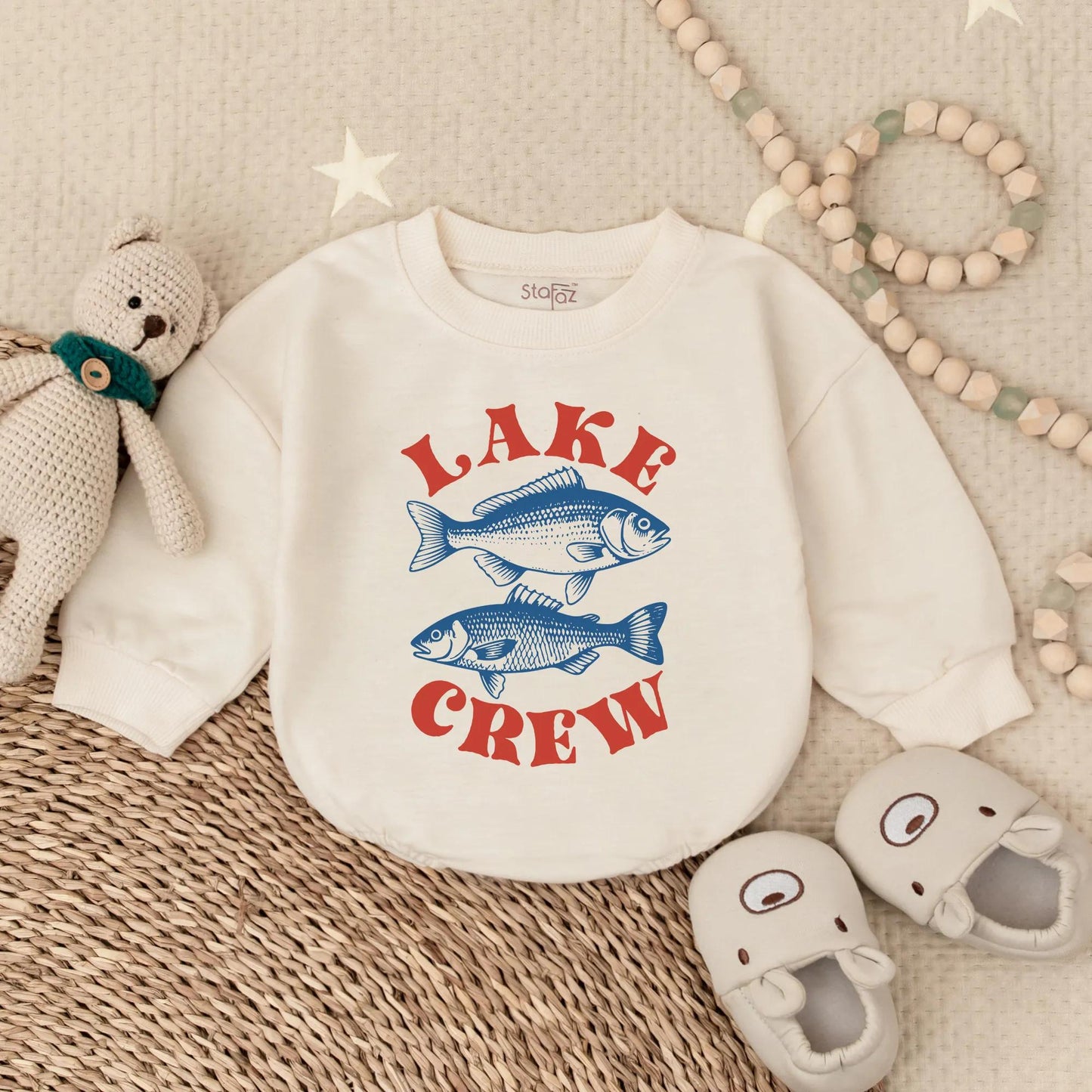 Playful Lake Crew Baby Bubble Romper Two Blue Fish Design Summer Family Lake Vacation Outfit Vintage Style Fishing Trip Adventure Apparel