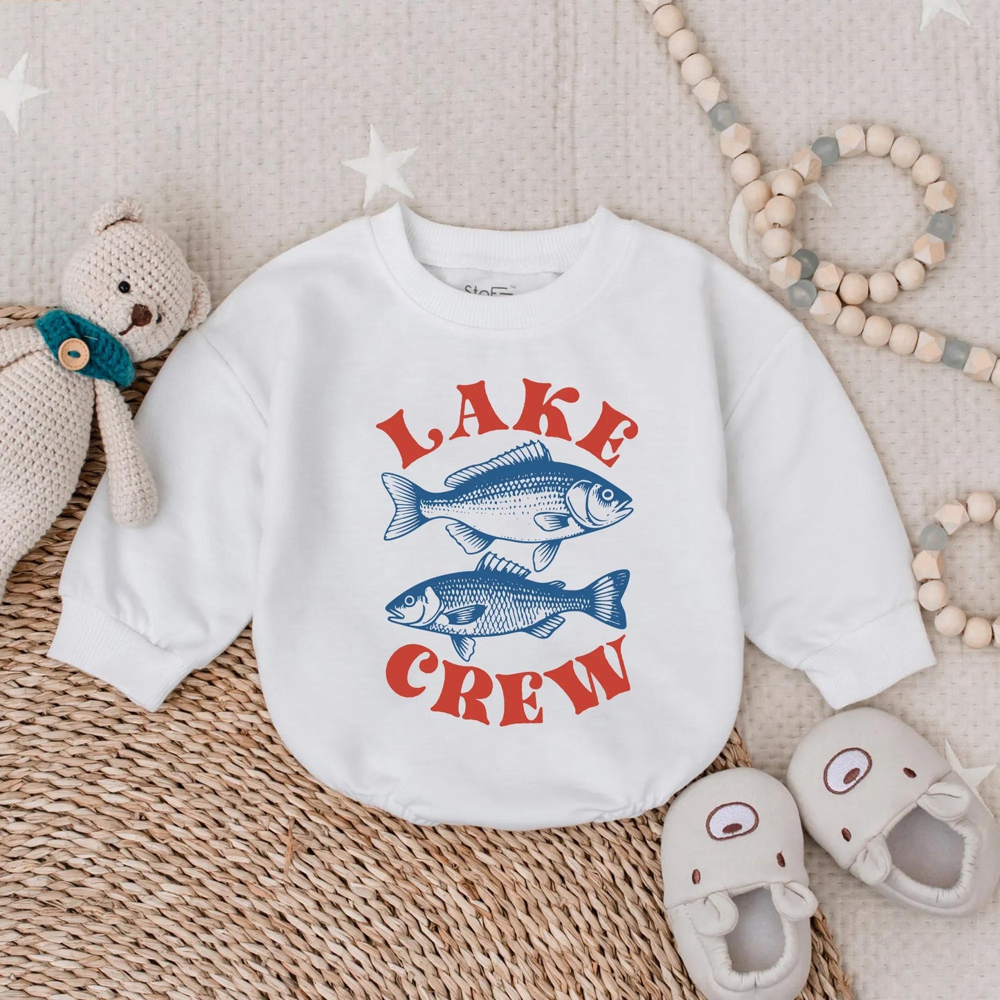 Playful Lake Crew Baby Bubble Romper Two Blue Fish Design Summer Family Lake Vacation Outfit Vintage Style Fishing Trip Adventure Apparel