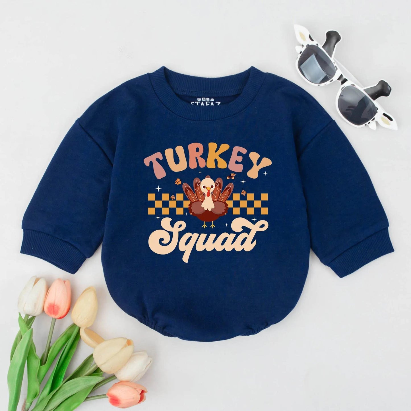 Cute Turkey Squad First Thanksgiving Baby Bubble Romper Newborn Outfit Funny Fall Gift Retro Brown Orange Yellow Checkered Stripes Accents