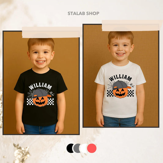 Personalized Cartoon Pumpkin Toddler Shirt with Name Backwards Cap Design Retro Halloween Boy Tee Spooky Fun Checkered Flag Fall Apparel
