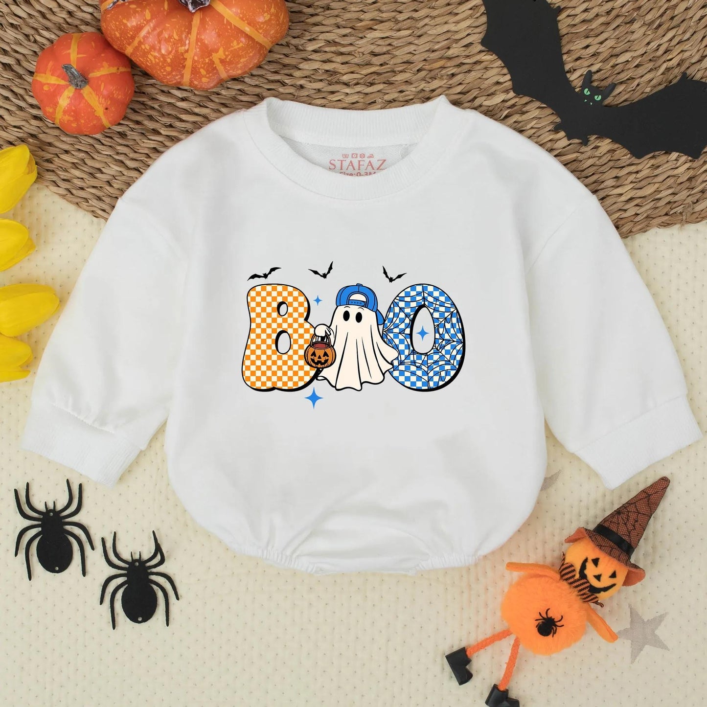 Cute Boo Ghost Toddler Halloween Shirt with Checkerboard Letters Bats and Stars Playful Blue Baseball Cap Pumpkin Candy Bucket Design