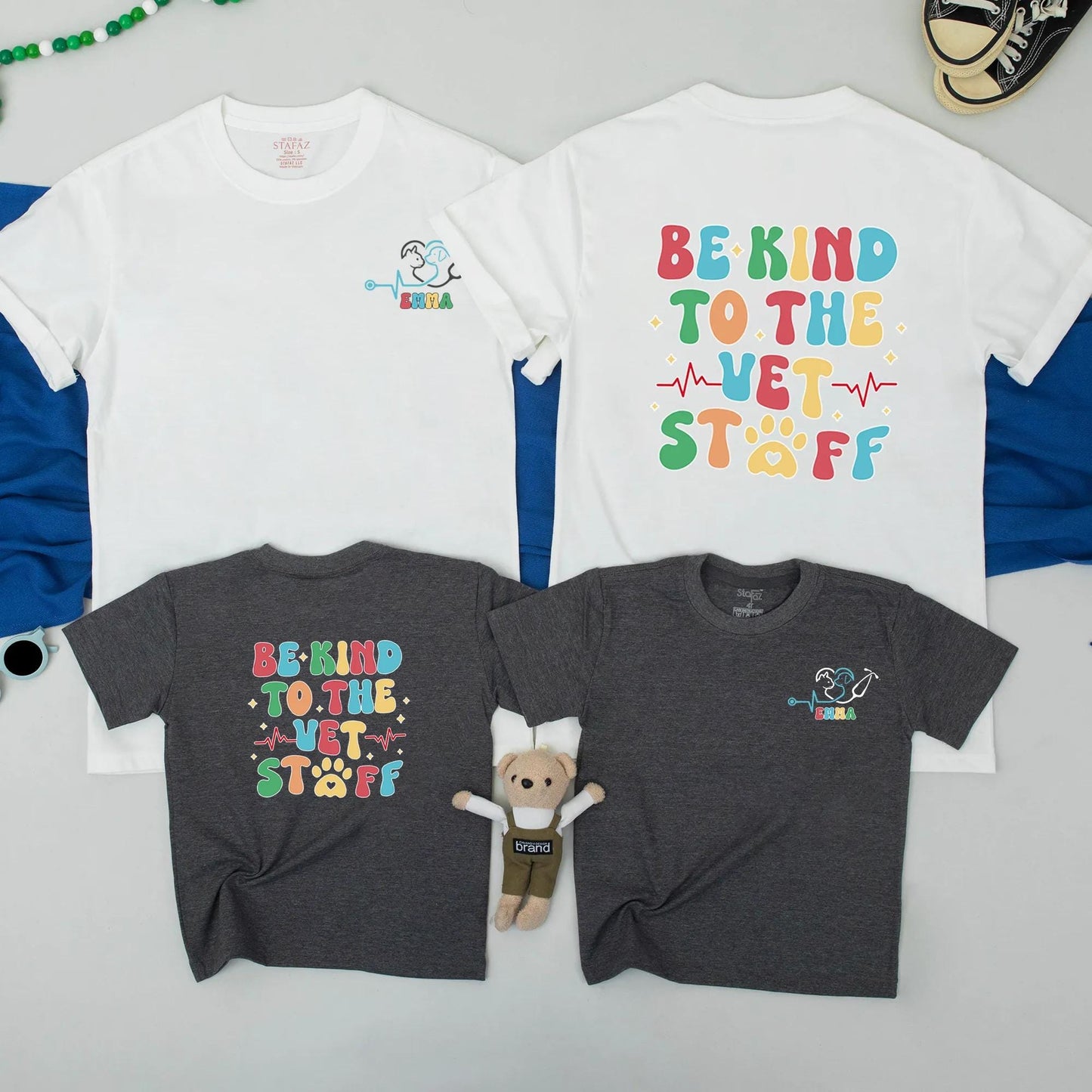 Personalized Vet Tech Paw Print Sweatshirt Matching Set, Be Kind Vet Staff Baby Bodysuit, Custom Name Vet Apparel, Colorful Vet Student Outfit Gift
