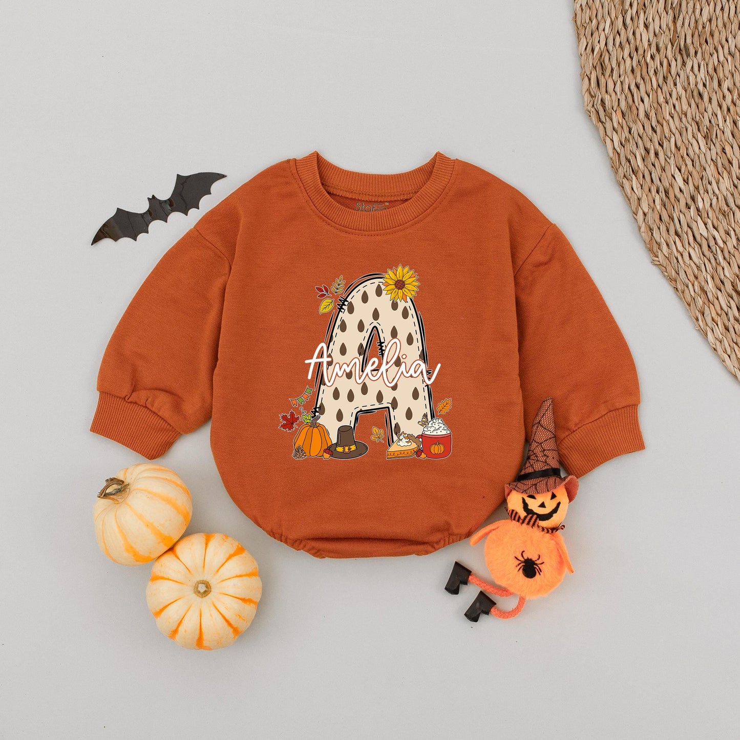 Custom Fall Bubble Romper for Girls featuring Polka Dot A Design with Amelia Name, Autumn Sunflowers Pumpkins Leaves Pie Slice Theme Playful Baby Toddler Outfit