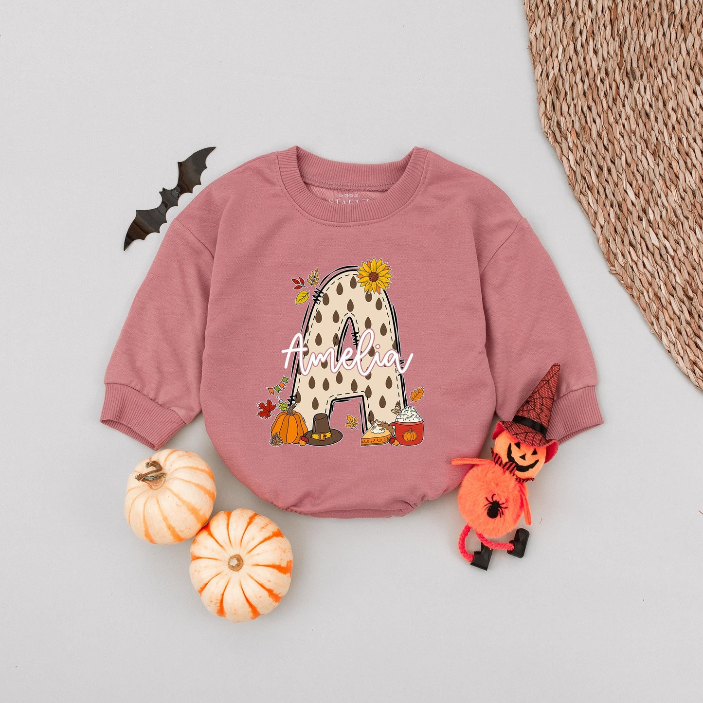 Custom Fall Bubble Romper for Girls featuring Polka Dot A Design with Amelia Name, Autumn Sunflowers Pumpkins Leaves Pie Slice Theme Playful Baby Toddler Outfit