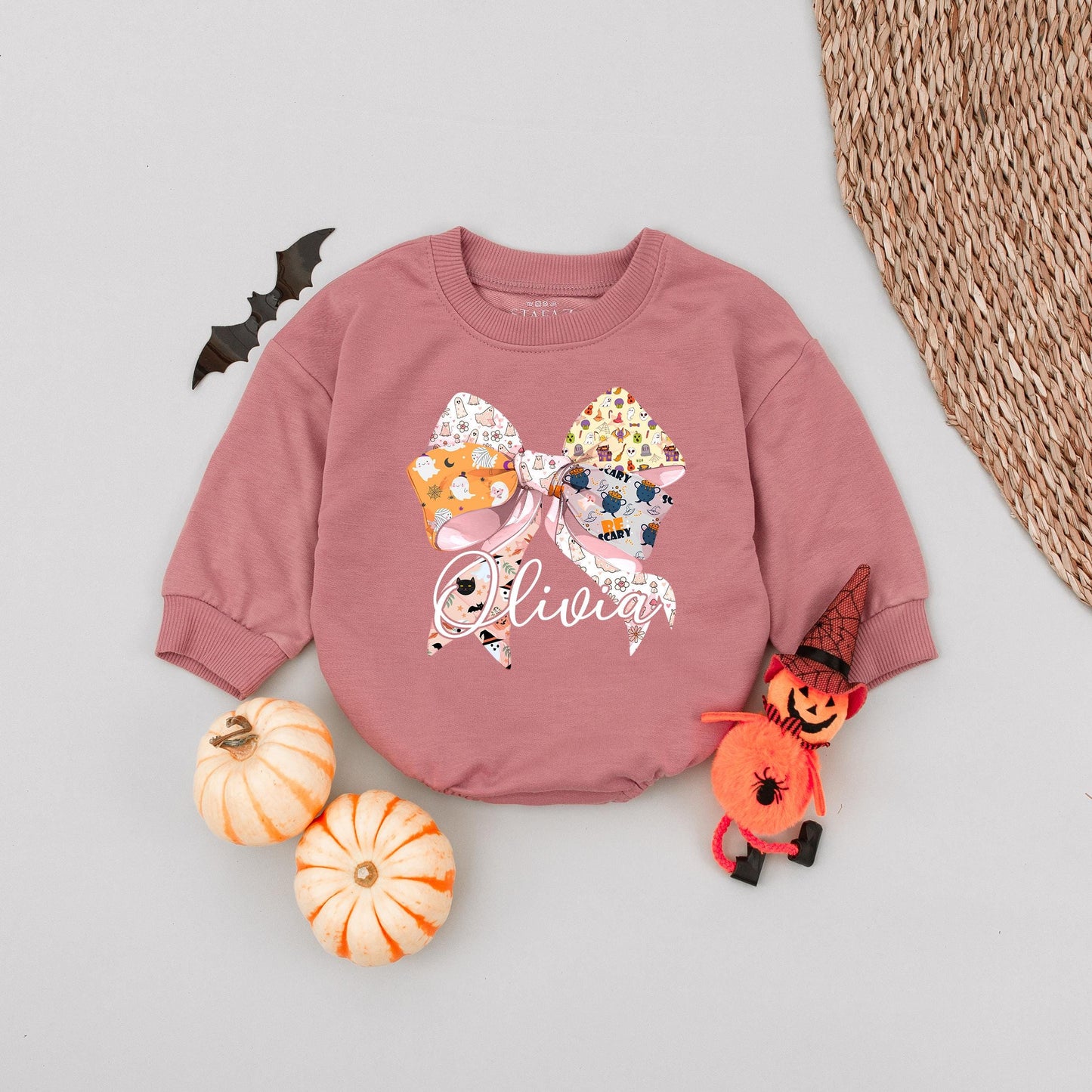 Custom Name Halloween Pink Bow Baby Romper Sweater Cute Ghost Pumpkin Bat 'Be Scary' Design for Fall Festive Newborn