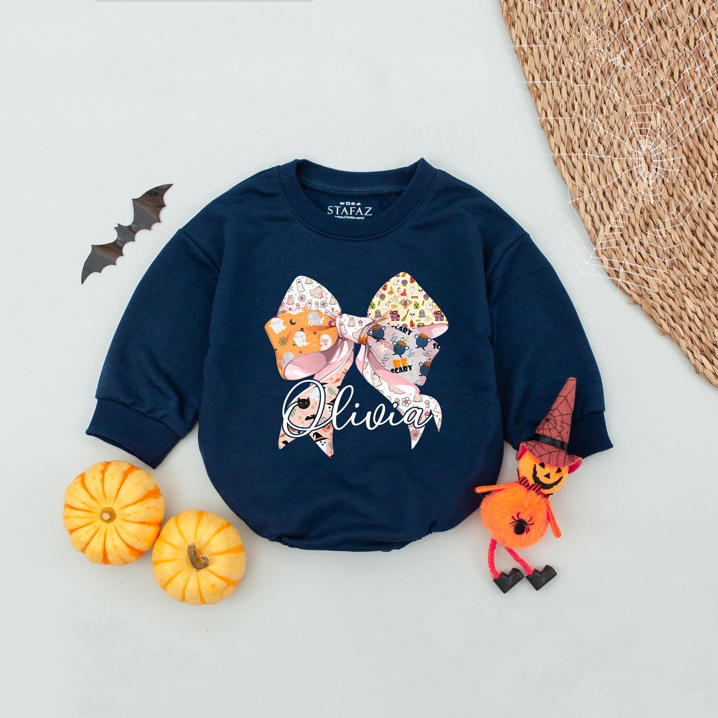 Custom Name Halloween Pink Bow Baby Romper Sweater Cute Ghost Pumpkin Bat 'Be Scary' Design for Fall Festive Newborn
