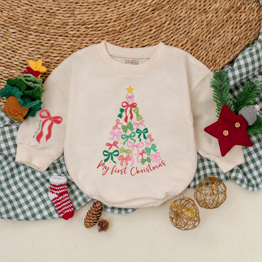 Baby Girl's My First Christmas Tree Bow Romper Outfit: Festive Holiday Baby Clothes with 'Merry Christmas' on Sleeve