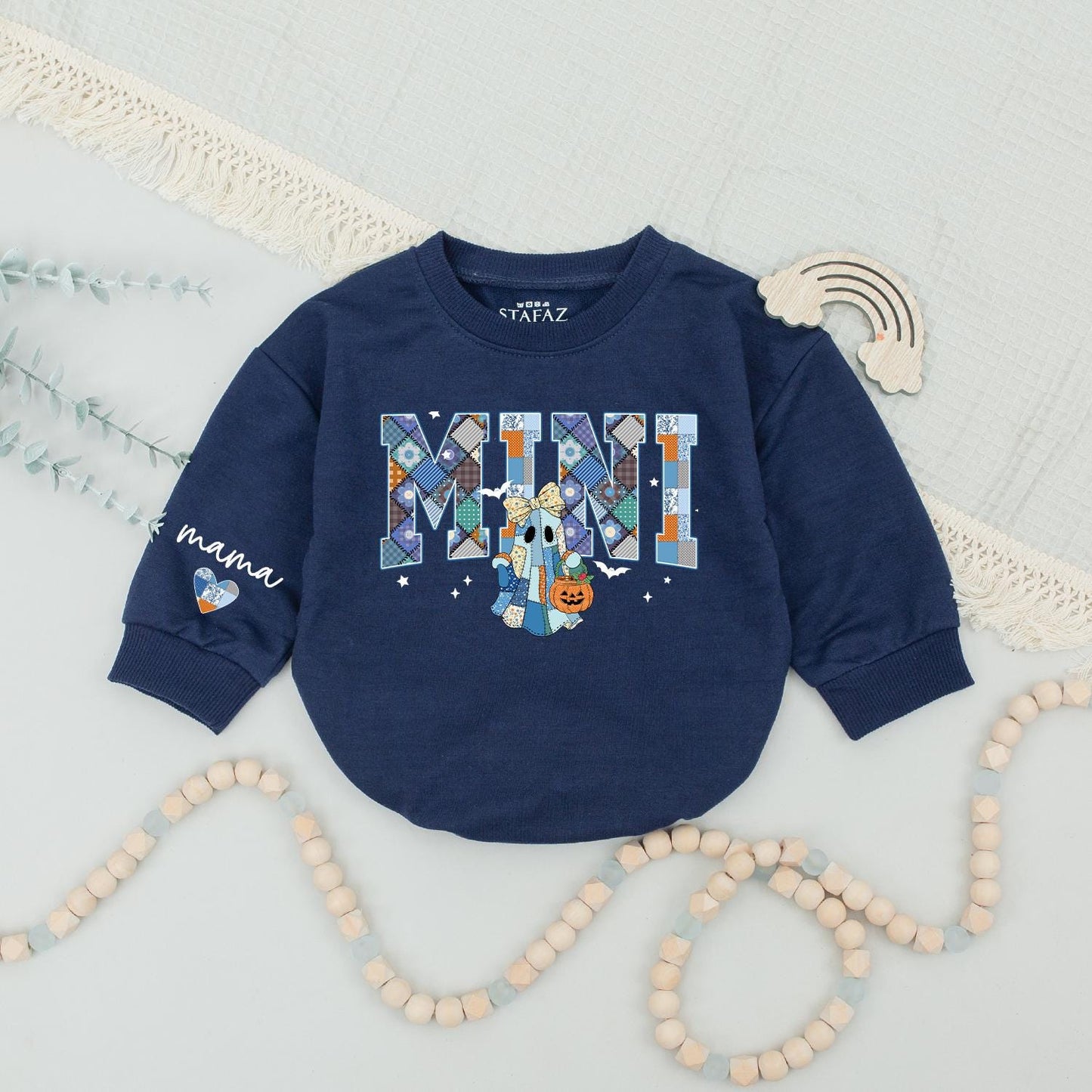 Custom Mama Mini Halloween Sweatshirts Patchwork Ghost Design, Retro Spooky Season Matching Mommy and Me Outfits, Personalized Family Halloween Gift Idea