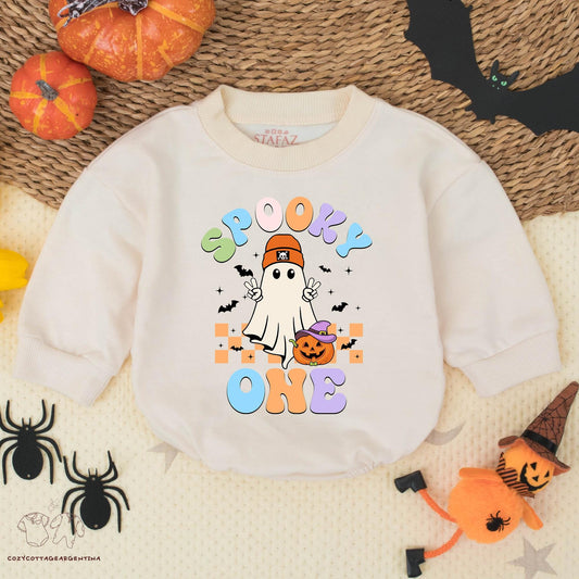 Spooky One Halloween Baby Boy Romper, First Birthday Outfit, Retro Ghost & Pumpkin Design, Fall Baby Costume, Trick or Treat