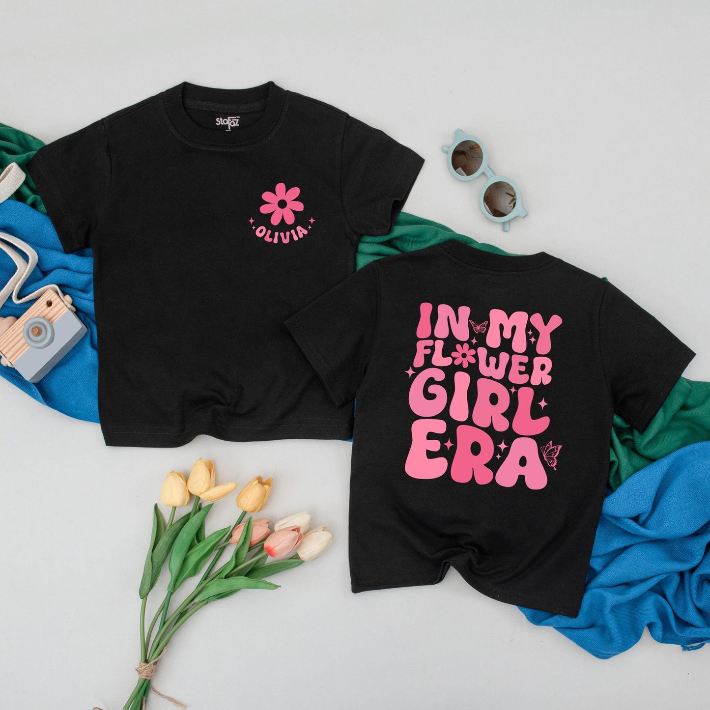 Personalized Pink In My Flower Girl Era T-Shirt Retro Groovy Flower Design Toddler Bridal Party Wedding Proposal Gift Junior Bridesmaid