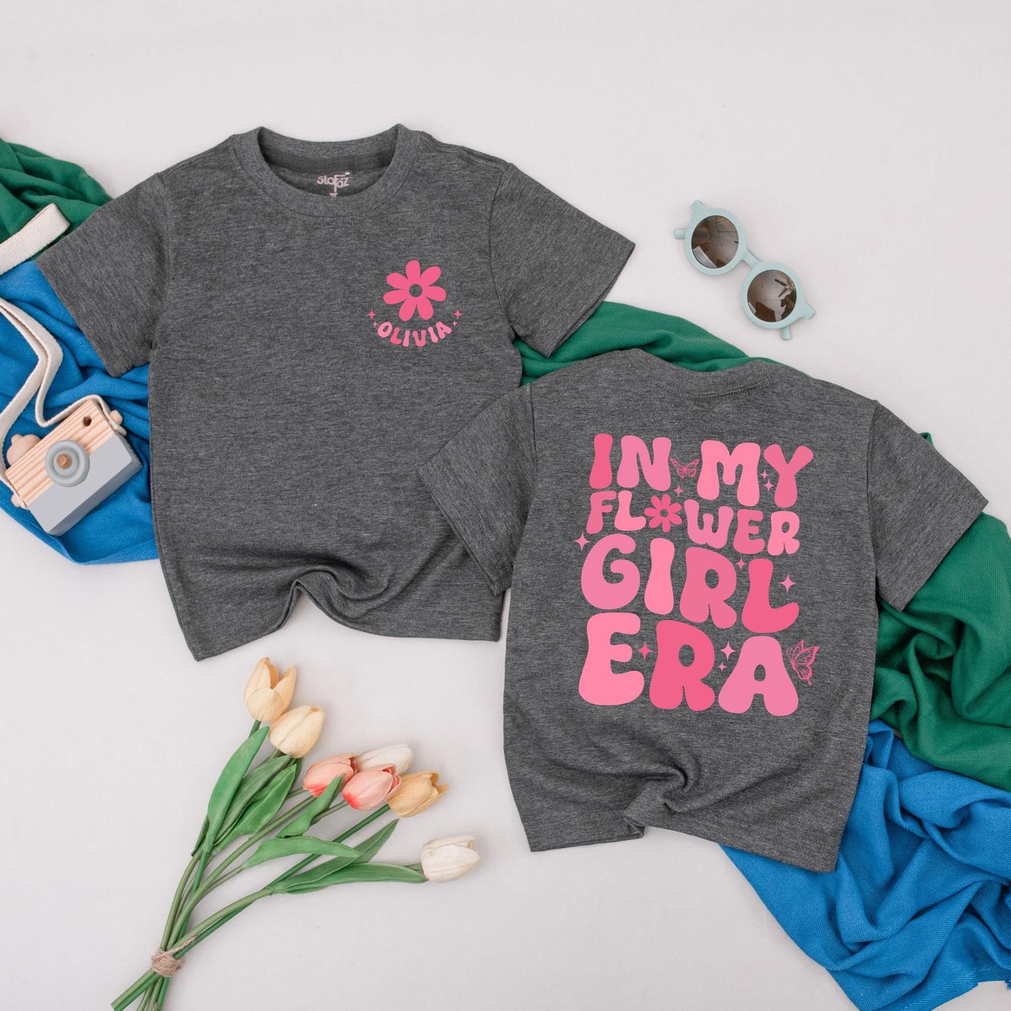Personalized Pink In My Flower Girl Era T-Shirt Retro Groovy Flower Design Toddler Bridal Party Wedding Proposal Gift Junior Bridesmaid