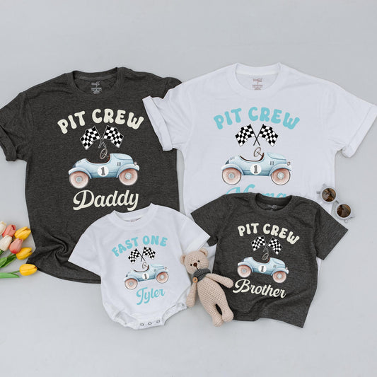 Fast One Birthday Matching Shirts for Family, Race Car 1st Birthday Boy Outfit, Pit Crew Custom Daddy Son Tees, Light Blue Vintage Theme Party (138 chars)