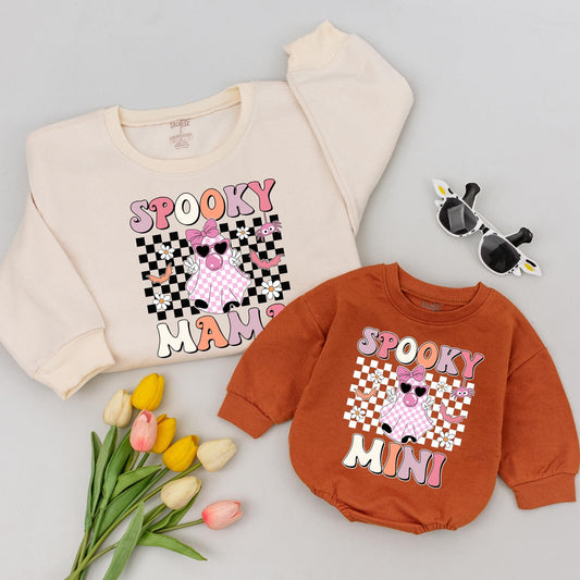 Spooky Mama Mini Retro Ghost Matching Halloween Shirts Pastel Checkered Mom Baby Outfits 2025