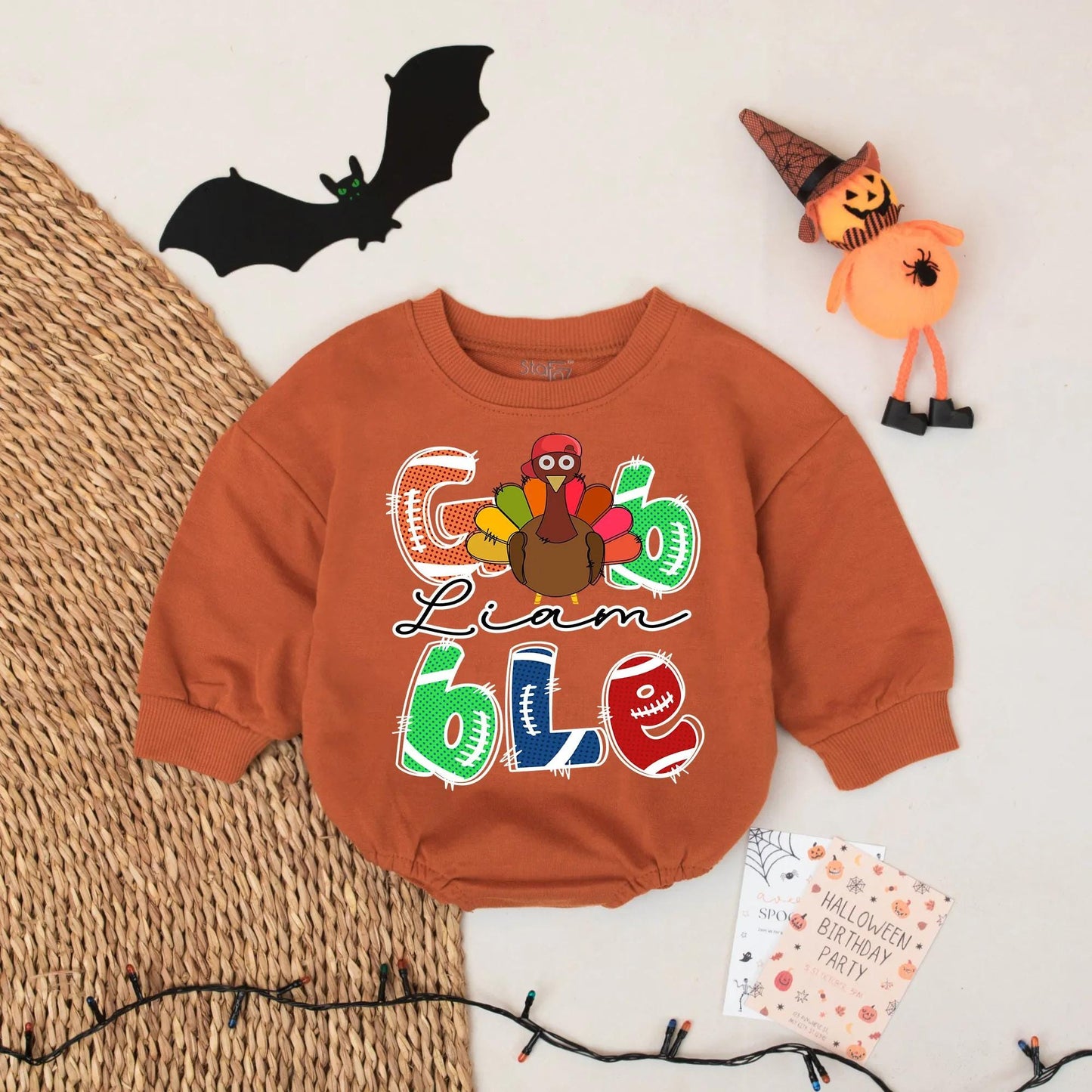 Personalized Baby Gobble Turkey Thanksgiving Bubble Romper with Name Football Letter Design Festive Colorful First Thanksgiving Outfit
