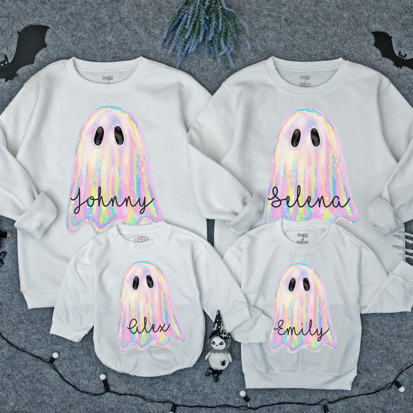 Iridescent Glitter Ghost Sweatshirt: Cute Spooky Season Crewneck for Toddler Girls, Shimmering Halloween Outfit, Pastel Rainbow Hues, Festive Style (138)