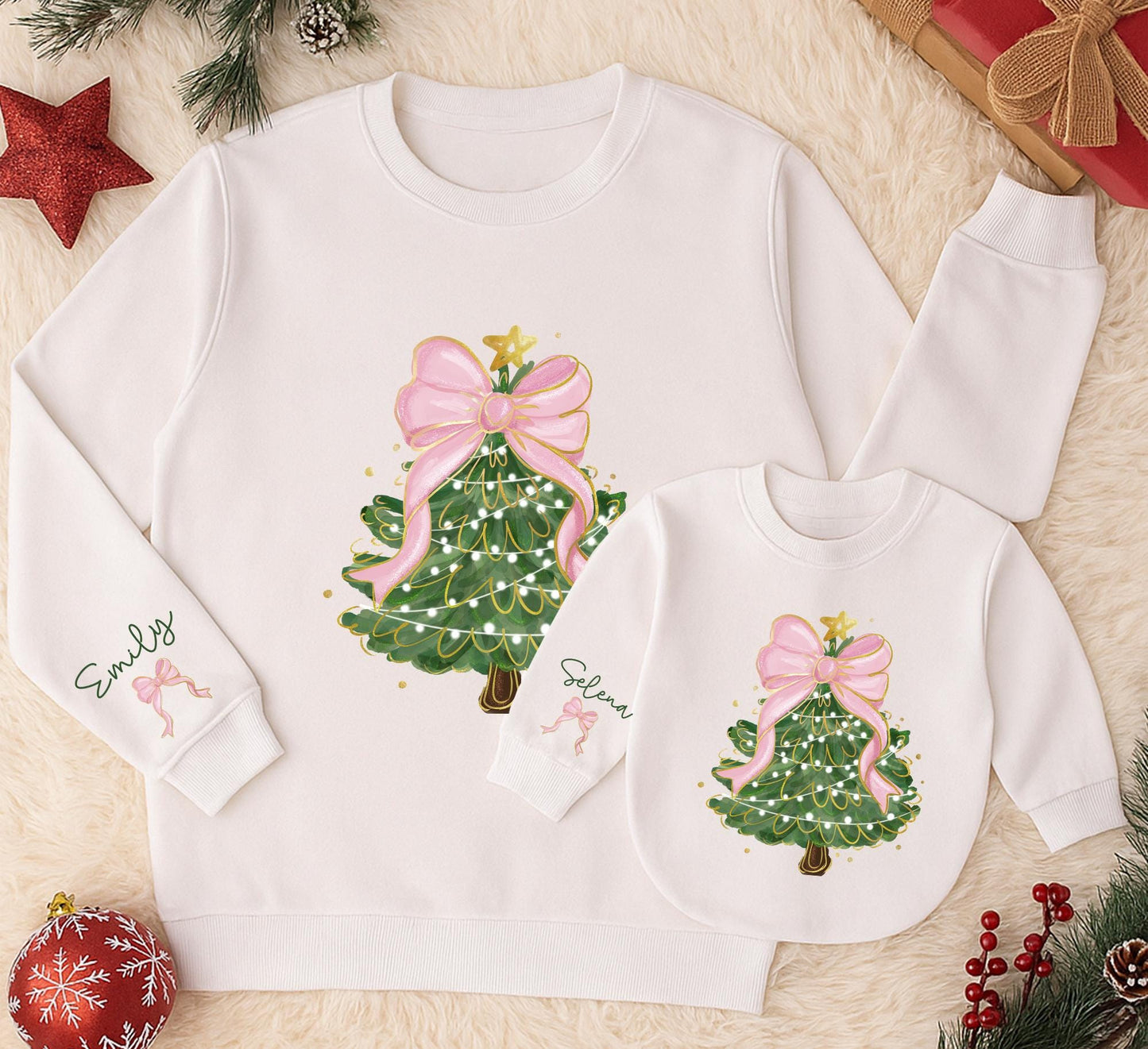 Personalized Whimsical Christmas Tree Sweatshirt Mom Daughter Matching Outfit Festive Bow Star Green Sleeve Name Custom Kid Gift 130 Chars