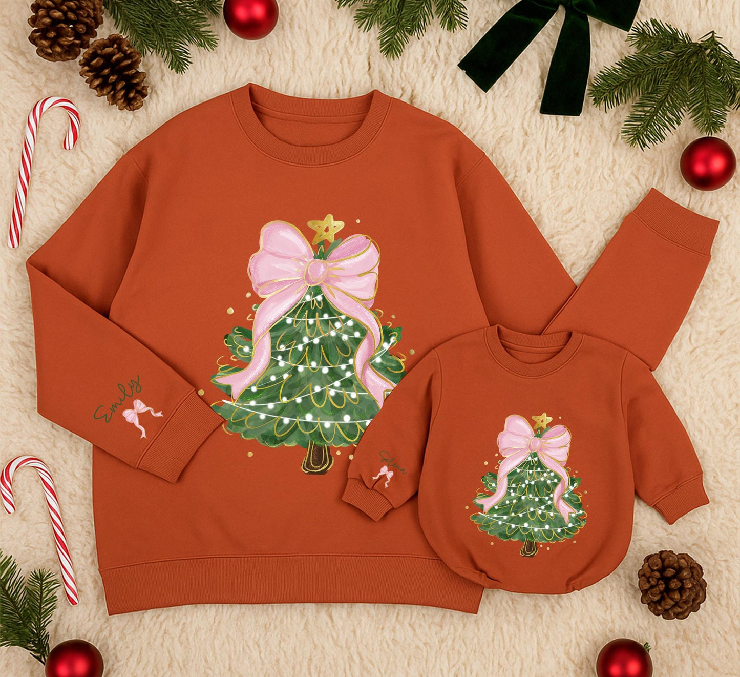 Personalized Whimsical Christmas Tree Sweatshirt Mom Daughter Matching Outfit Festive Bow Star Green Sleeve Name Custom Kid Gift 130 Chars