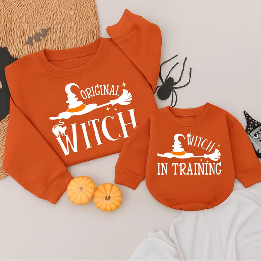 Witch Mama and Mini Halloween Sweatshirts Mommy and Me Matching Family Outfits Adorable Cartoon Witch Graphics Best Gift