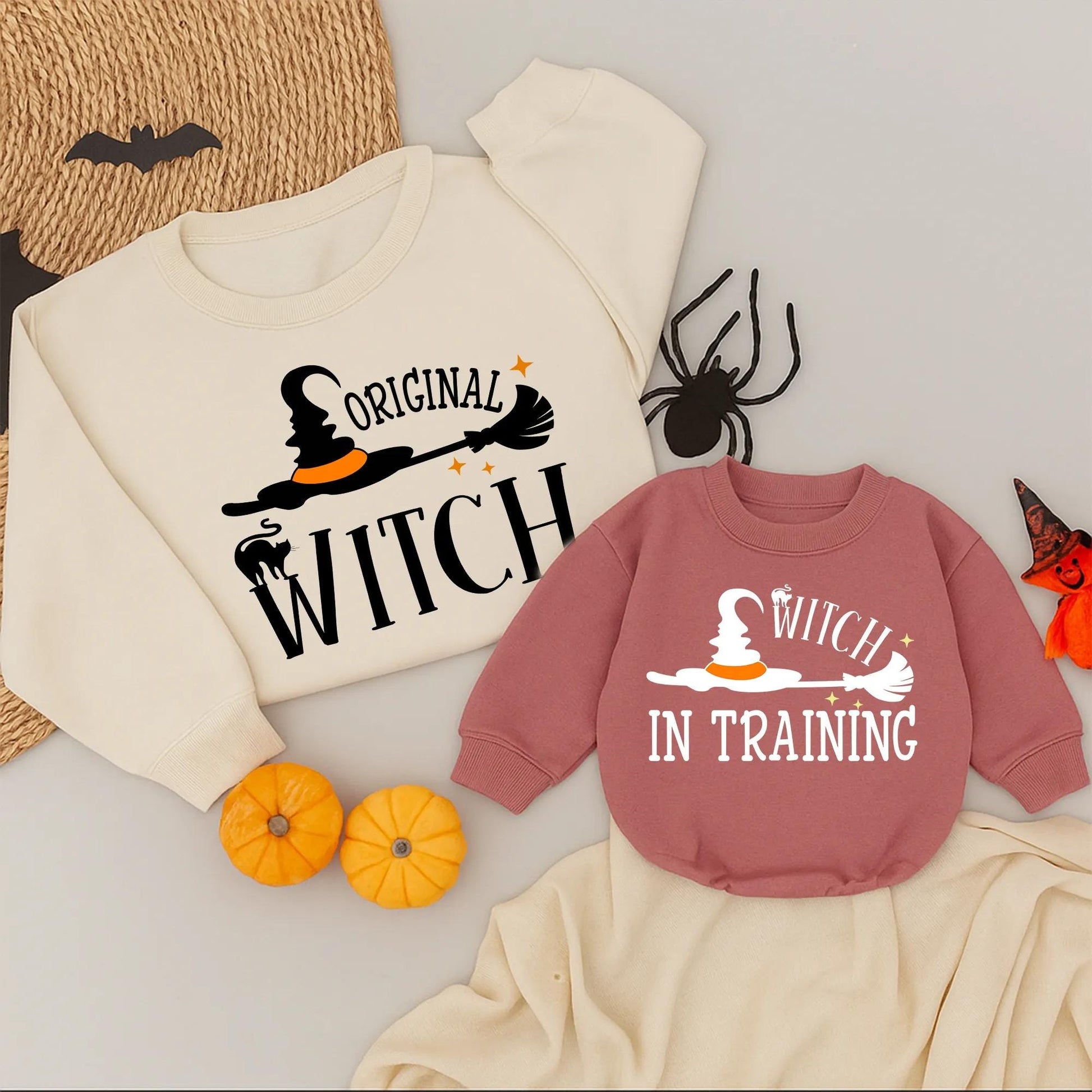 Witch Mama and Mini Halloween Sweatshirts Mommy and Me Matching Family Outfits Adorable Cartoon Witch Graphics Best Gift