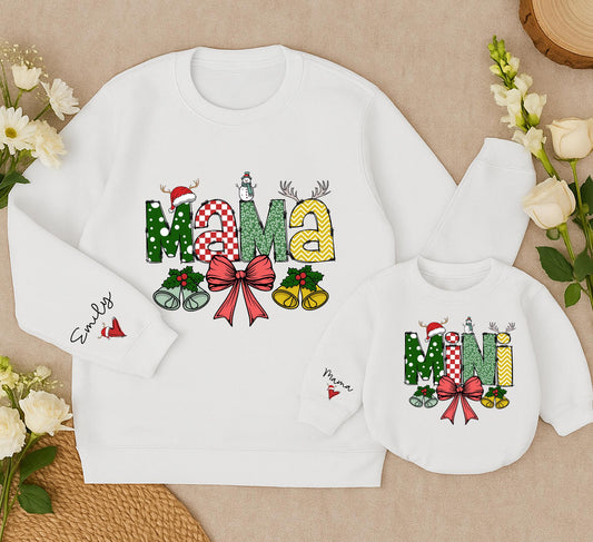 Personalized Mama Mini Matching Christmas Sweatshirts Festive Polka Dot Checks Reindeer Antlers Daughter Kid Outfit Baby Girl Romper Gift