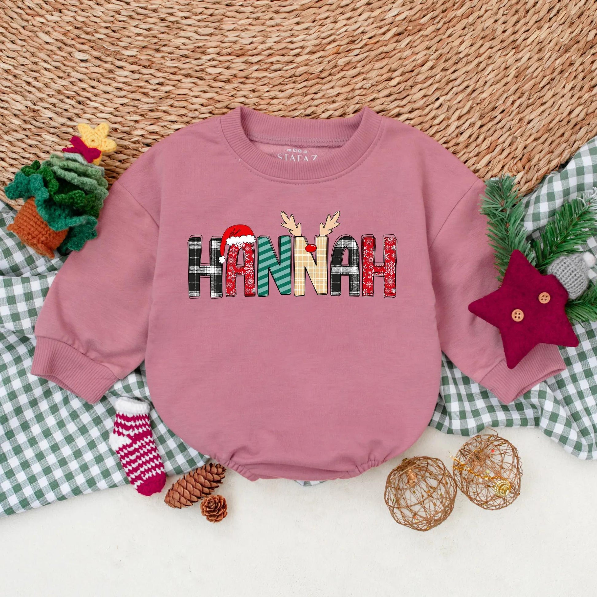 HANNAH Christmas Romper: Festive Name Outfit! Baby's 1st Holiday Sweatshirt Romper, Cute Reindeer Plaid Letters, Newborn Gift, Unique Xmas Clothes (136 chars)