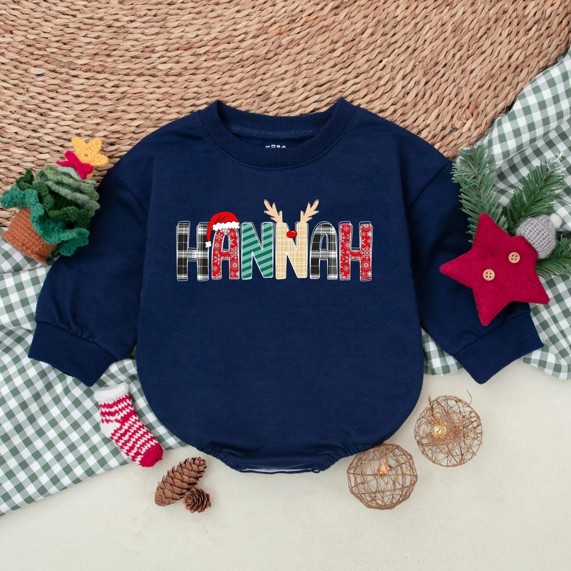HANNAH Christmas Romper: Festive Name Outfit! Baby's 1st Holiday Sweatshirt Romper, Cute Reindeer Plaid Letters, Newborn Gift, Unique Xmas Clothes (136 chars)