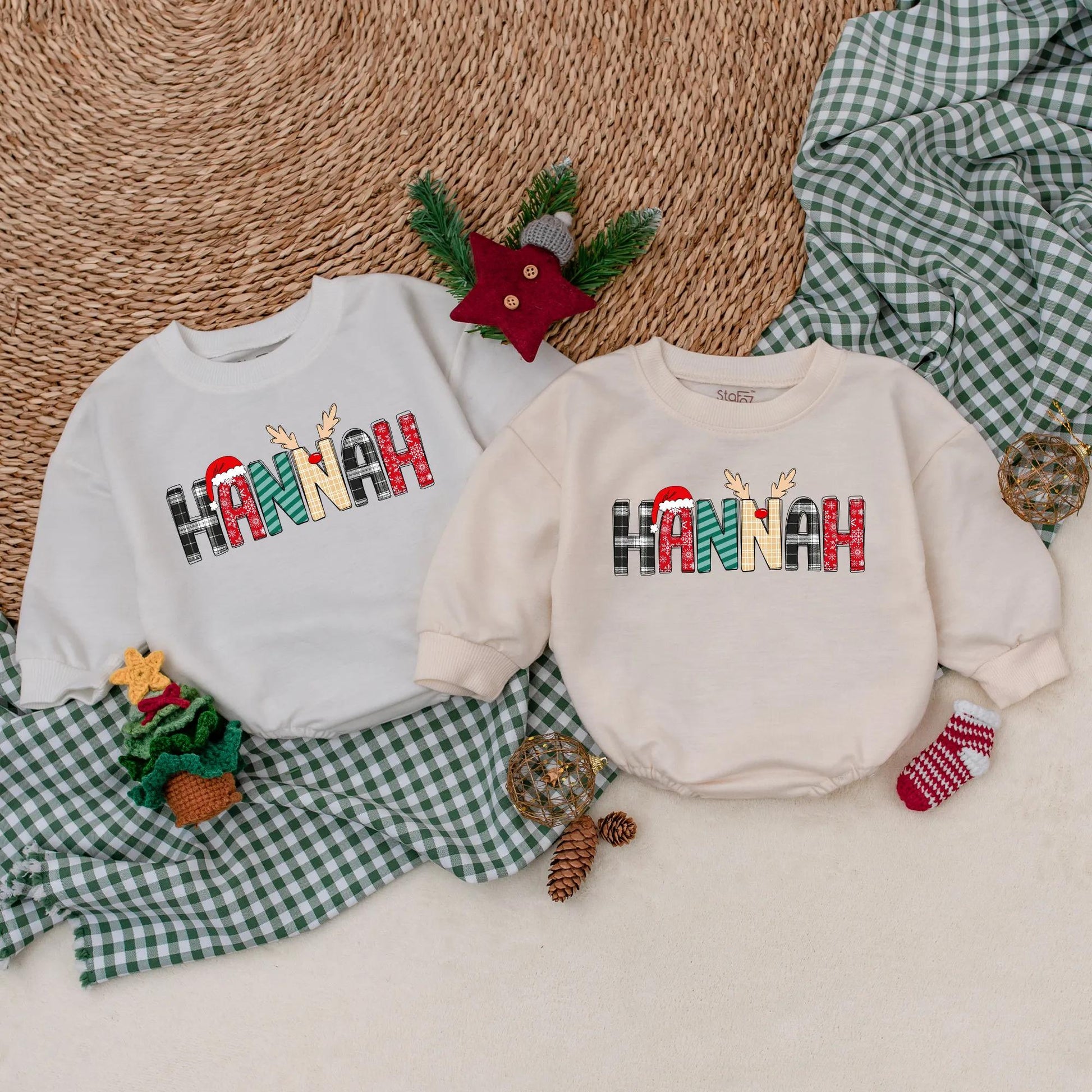 HANNAH Christmas Romper: Festive Name Outfit! Baby's 1st Holiday Sweatshirt Romper, Cute Reindeer Plaid Letters, Newborn Gift, Unique Xmas Clothes (136 chars)