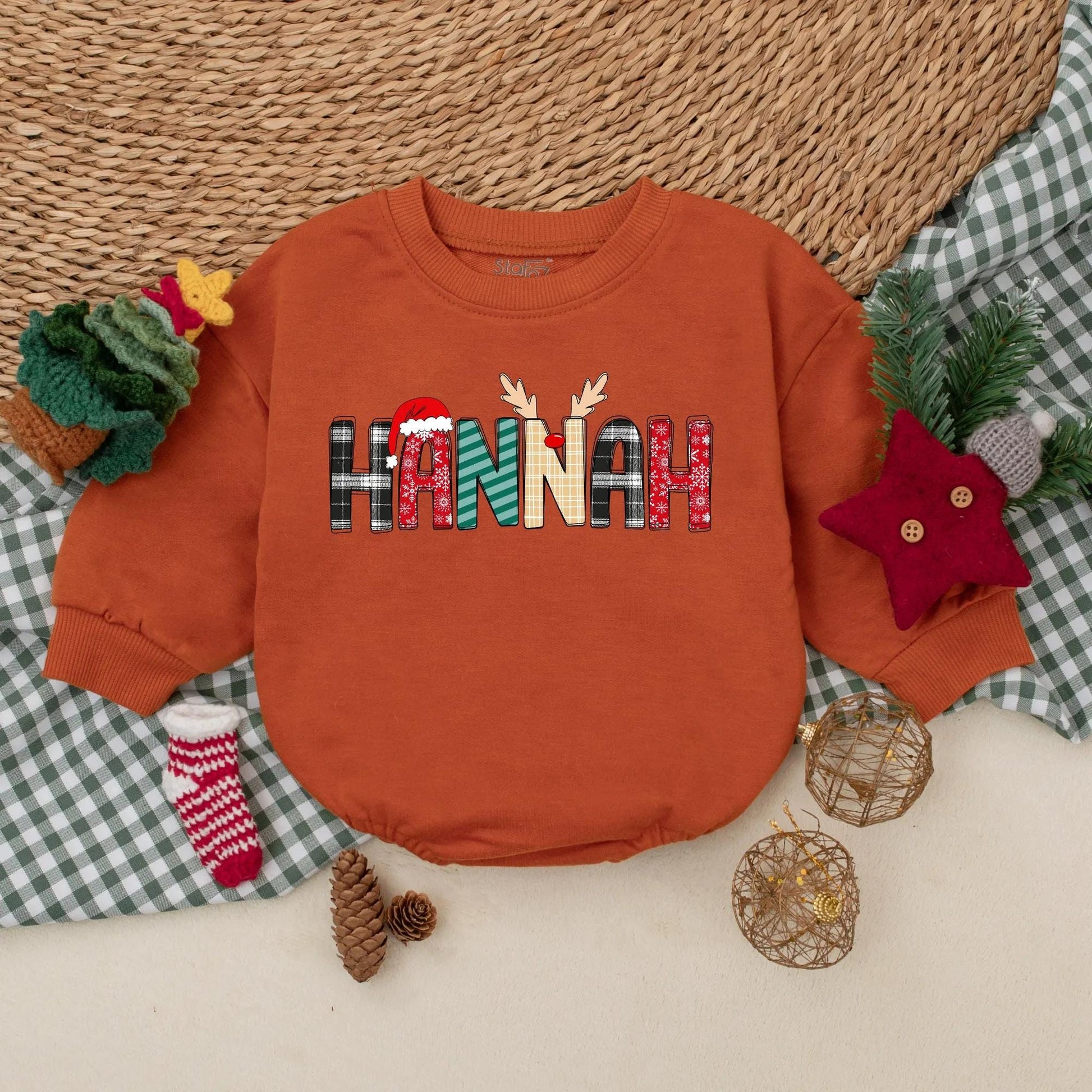 HANNAH Christmas Romper: Festive Name Outfit! Baby's 1st Holiday Sweatshirt Romper, Cute Reindeer Plaid Letters, Newborn Gift, Unique Xmas Clothes (136 chars)