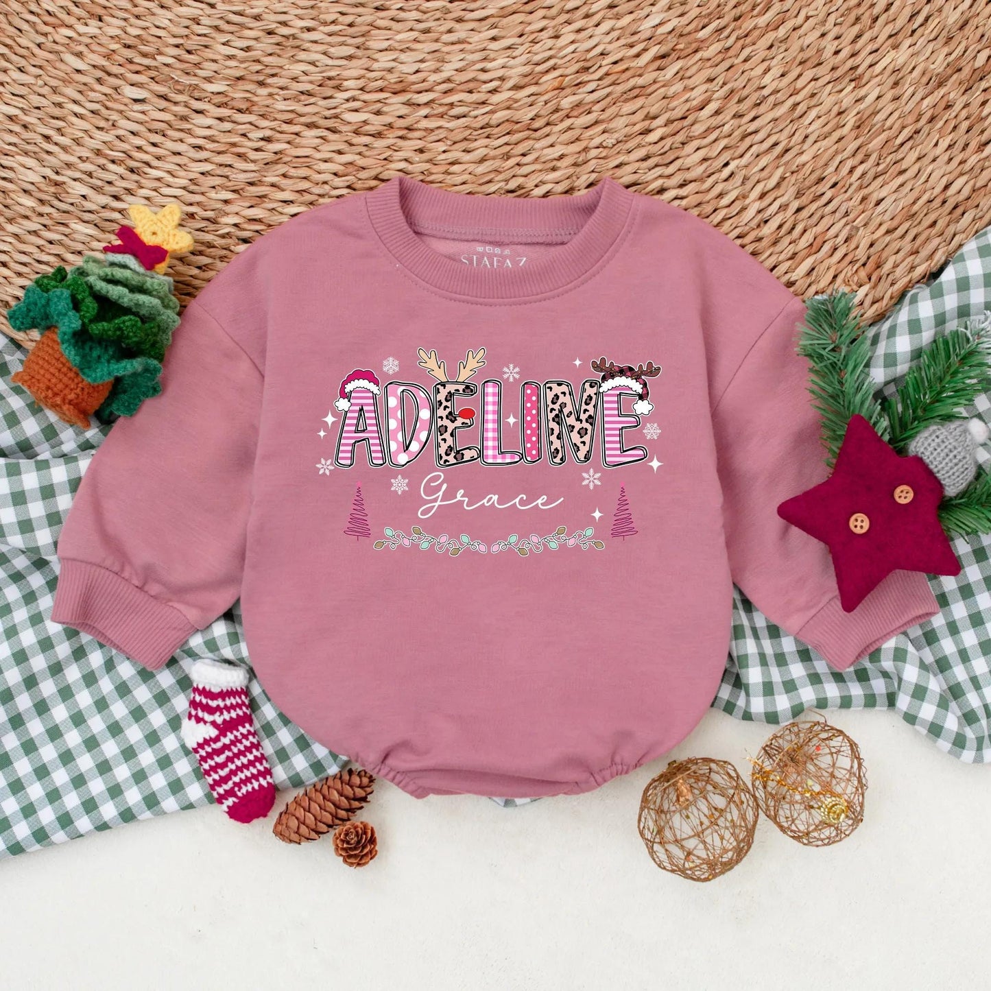 Personalized Pink Christmas Romper Baby Girl Holiday Outfit Custom Name Sweatshirt Cute Xmas Gift First Christmas Present Soft Cotton 1st Birthday 139chars