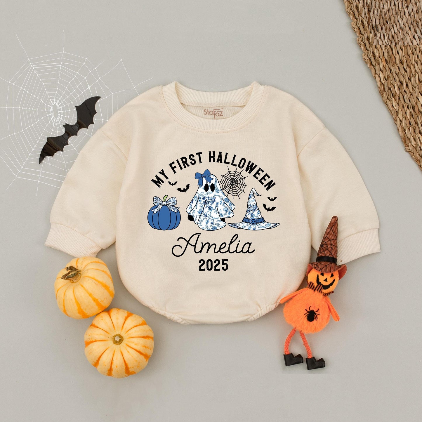 My First Halloween Baby Romper Cute Blue Pumpkin Ghost Witch Hat Amelia 2025 Fall Celebration Outfit