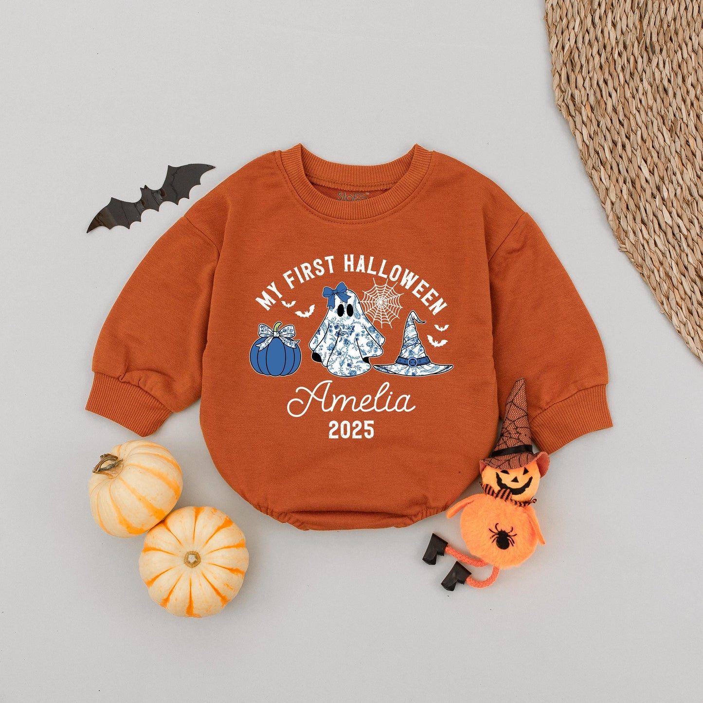 My First Halloween Baby Romper Cute Blue Pumpkin Ghost Witch Hat Amelia 2025 Fall Celebration Outfit