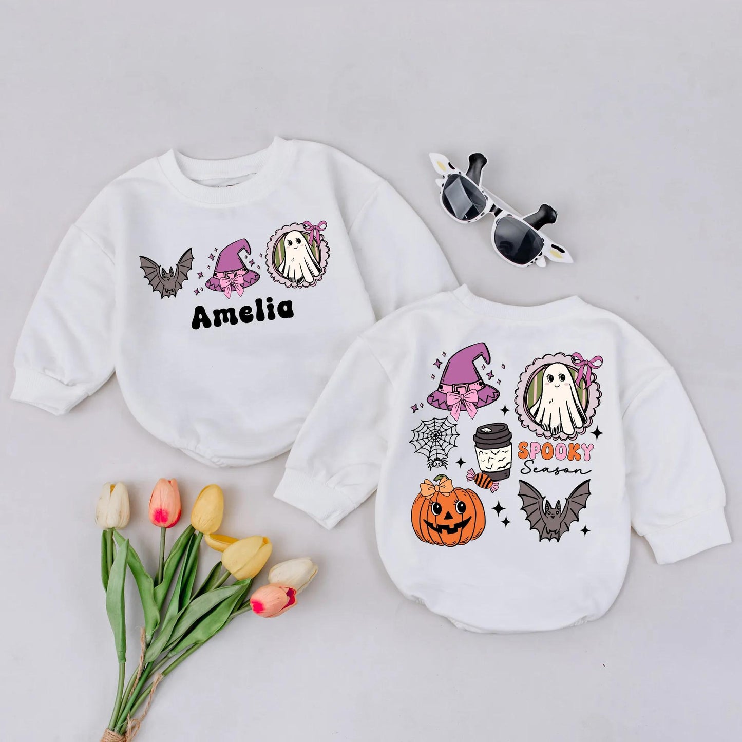 Custom Name Ghost Pumpkin Romper Cute Spooky Season Baby Outfit Fall Pumpkin Bodysuit 1st Halloween Gift Purple Orange Gray