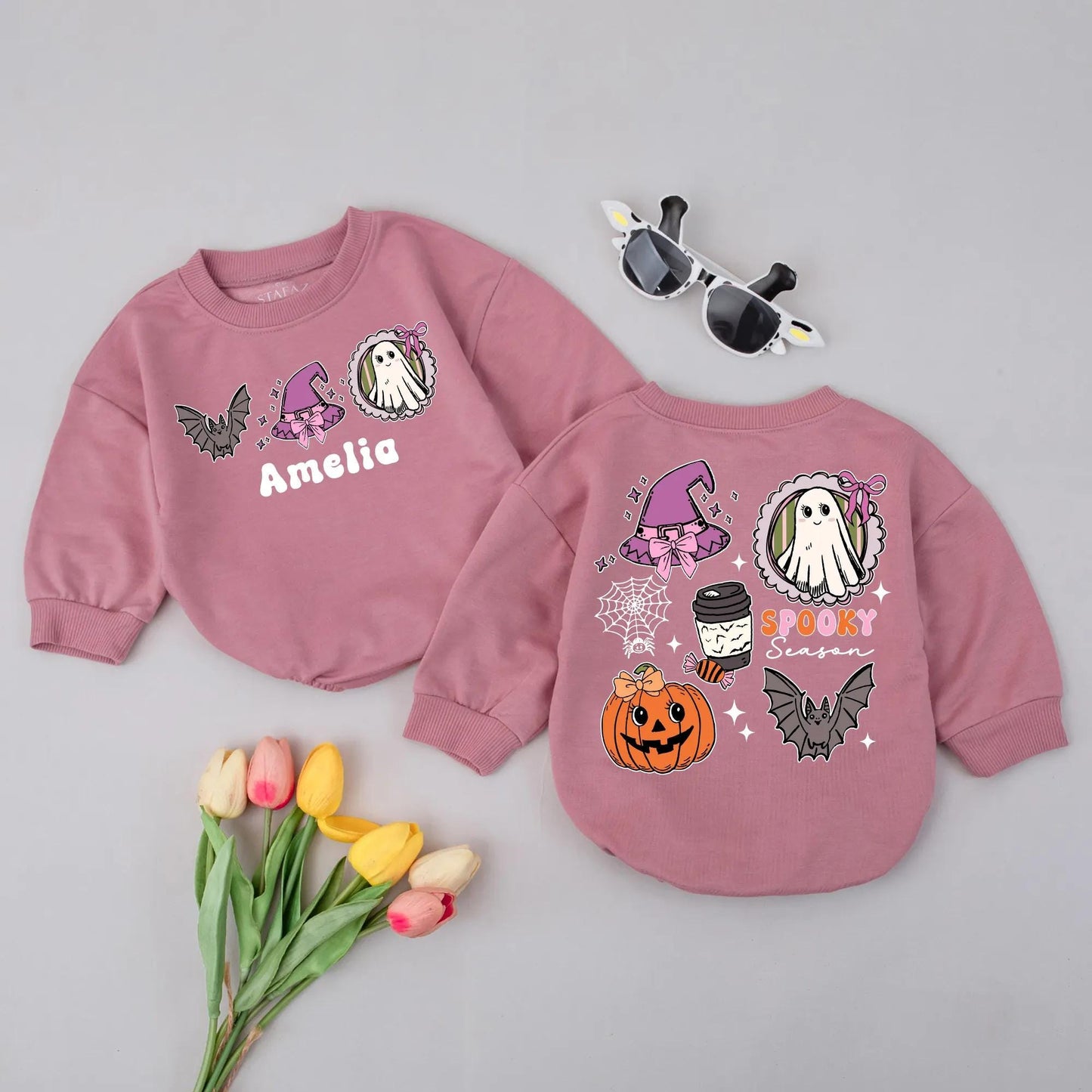 Custom Name Ghost Pumpkin Romper Cute Spooky Season Baby Outfit Fall Pumpkin Bodysuit 1st Halloween Gift Purple Orange Gray