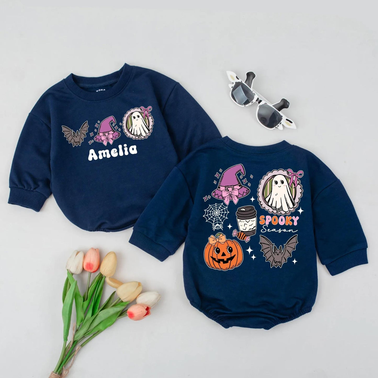 Custom Name Ghost Pumpkin Romper Cute Spooky Season Baby Outfit Fall Pumpkin Bodysuit 1st Halloween Gift Purple Orange Gray