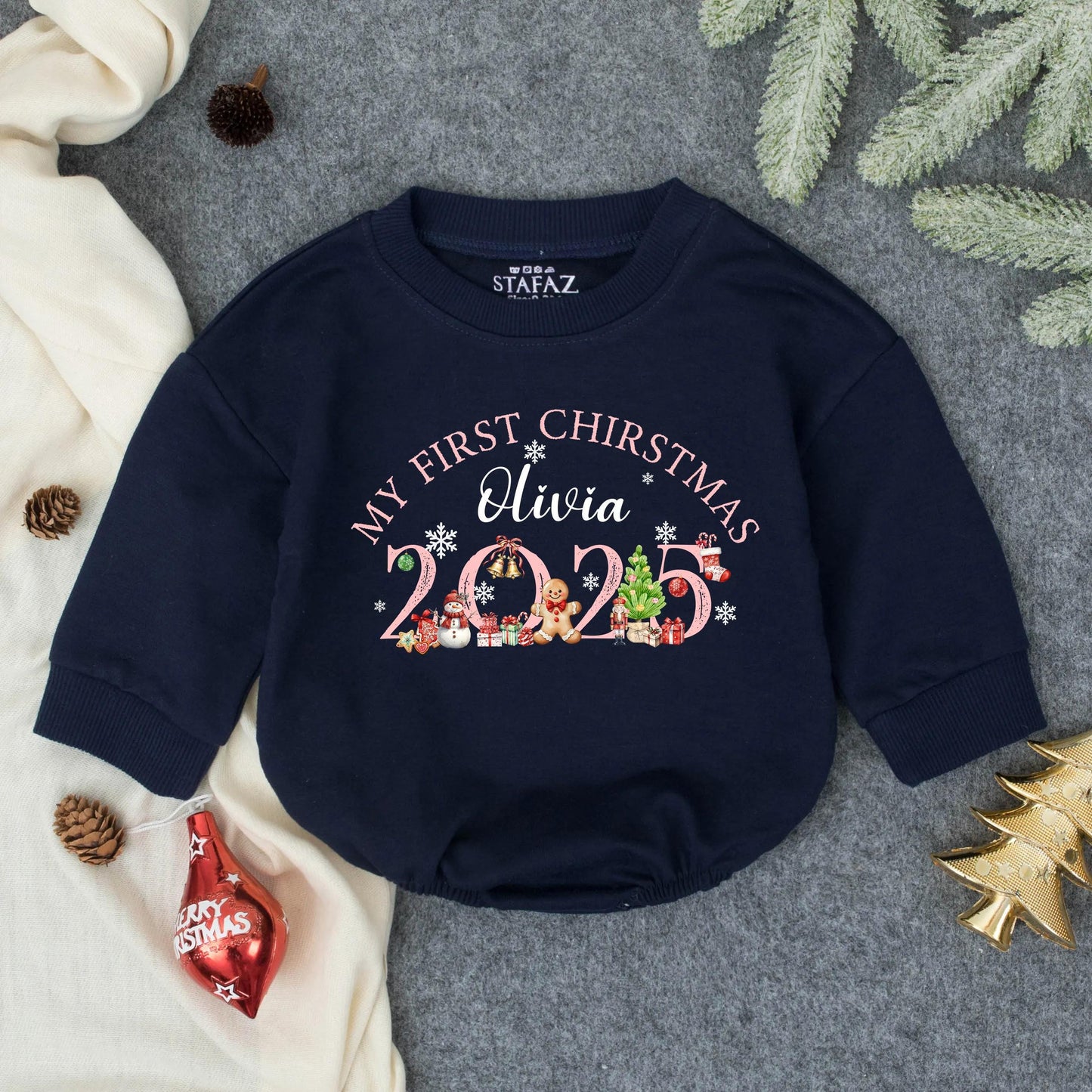 Personalized My First Christmas Romper for Baby Olivia, 2025 Holiday Outfit, Cute Christmas Tree & Cartoon Icons Red and Green Newborn Sweatshirt 138 chars
