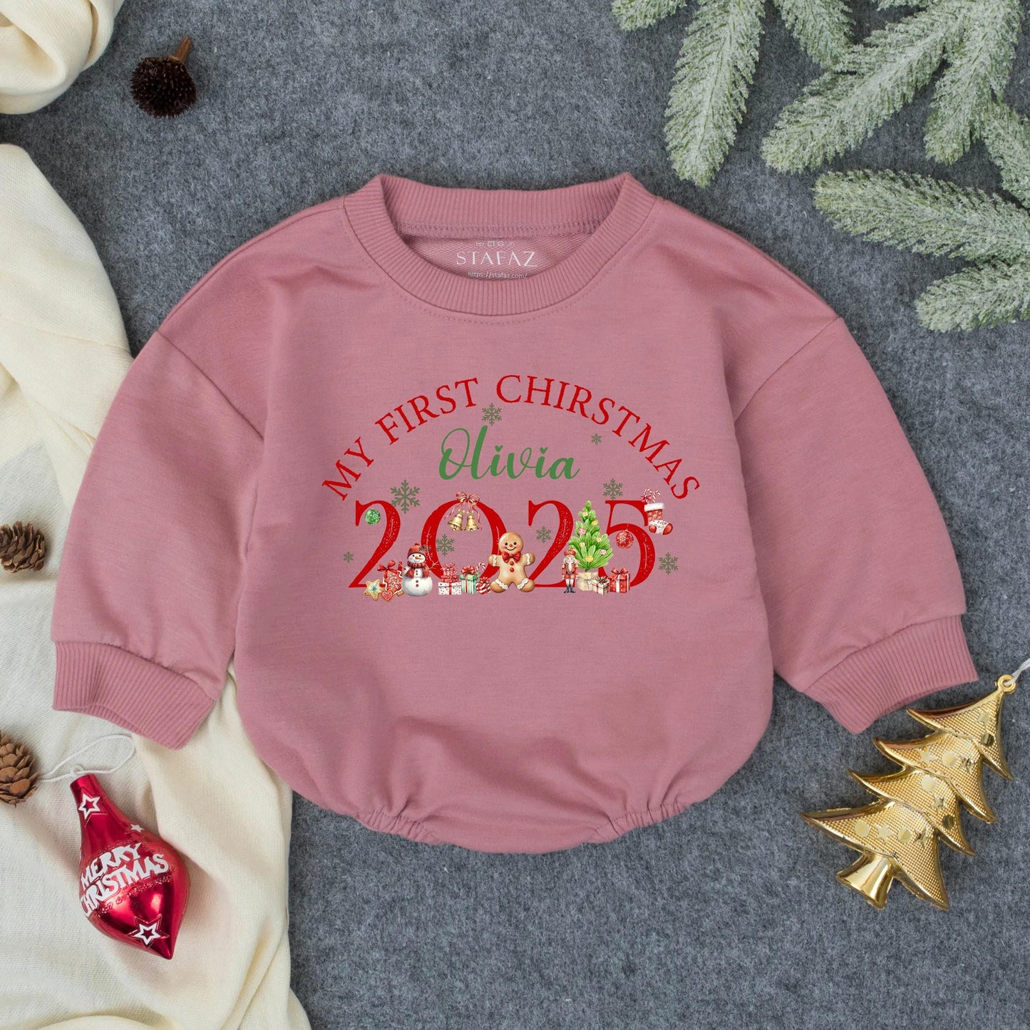 Personalized My First Christmas Romper for Baby Olivia, 2025 Holiday Outfit, Cute Christmas Tree & Cartoon Icons Red and Green Newborn Sweatshirt 138 chars