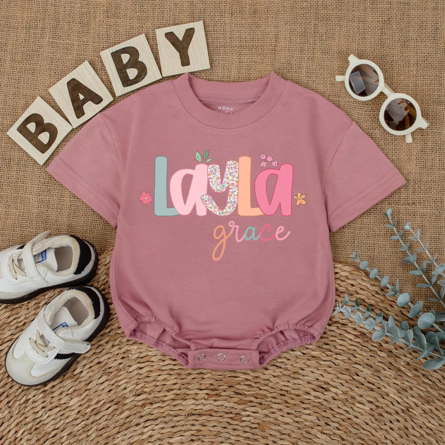 Layla Grace Bubble Romper Baby Girl Floral Name Outfit Custom Pastel Font Sweet Whimsical Infant Clothes Coming Home Gift